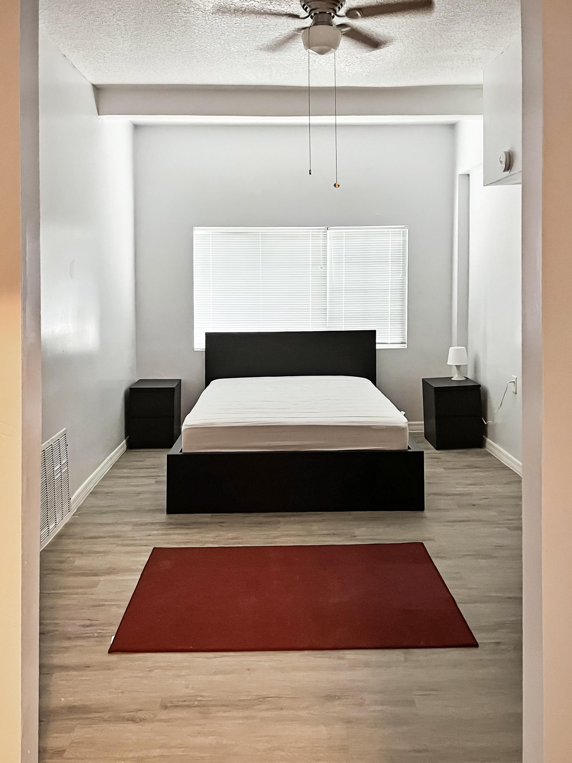 bedroom, detected: ceiling fan, bed, window blind