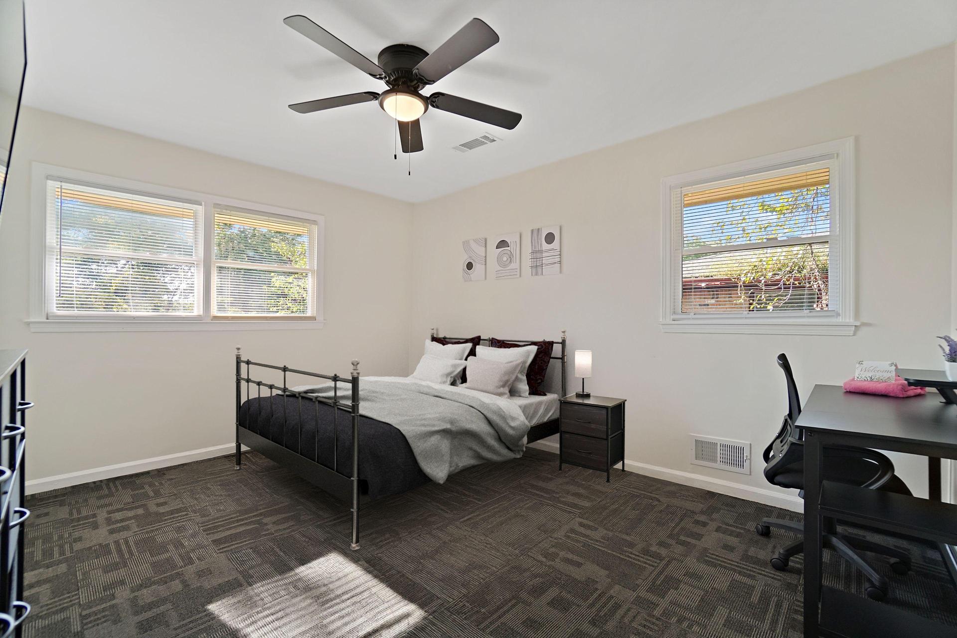 Large room fully furnished with full bed, desk and chair, TV, Dresser, Closet, Night stand and Lamp