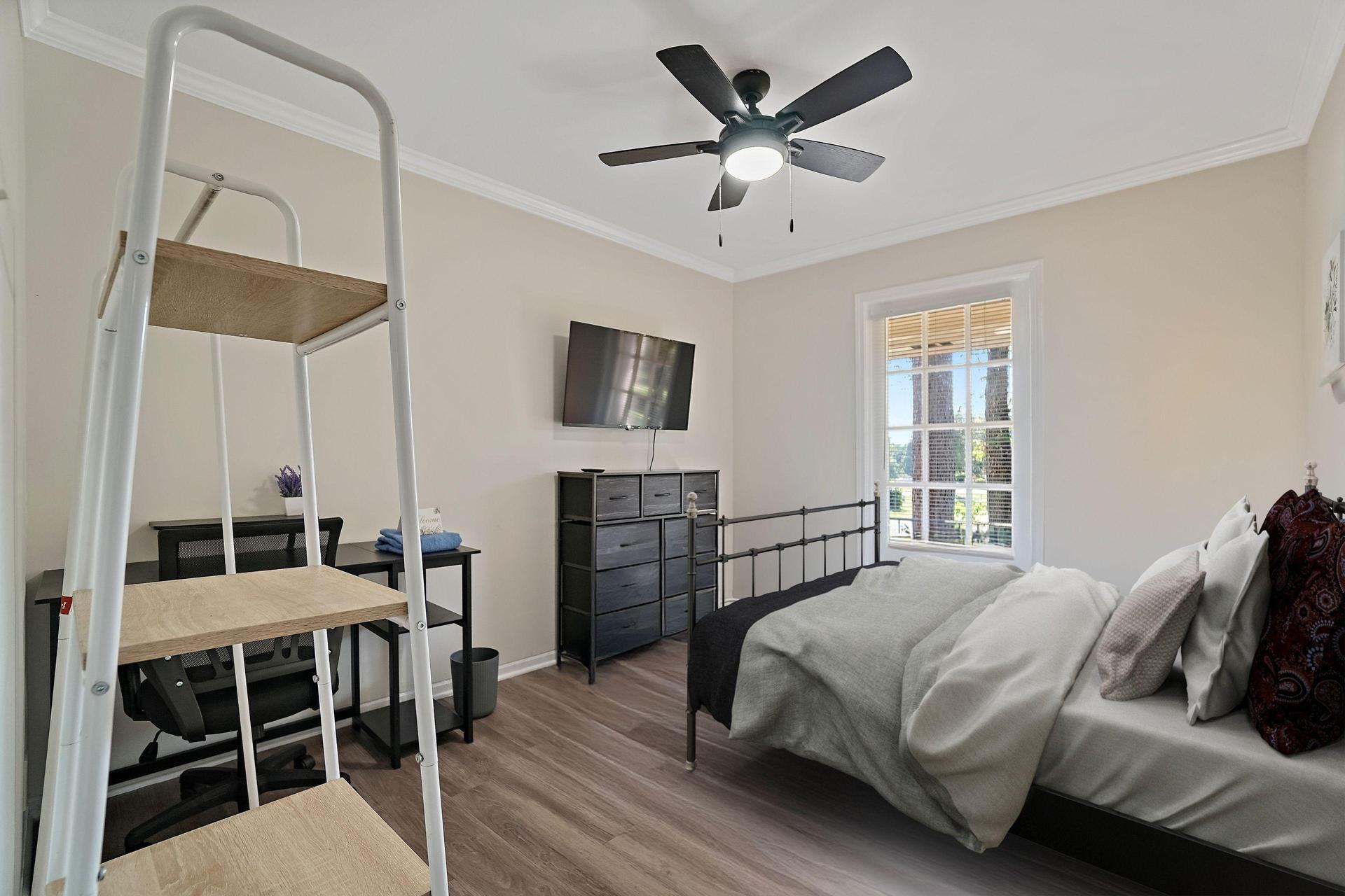 Full Bed, Ceiling Fan, Wardrobe and Dresser, Desk and Chair