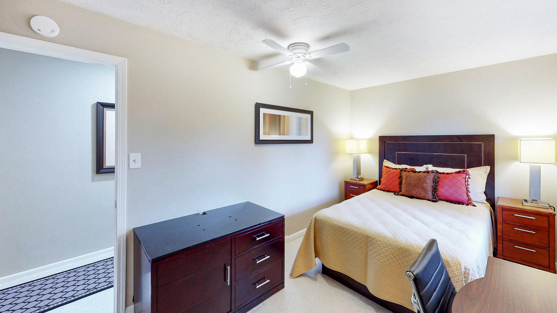bedroom, detected: ceiling fan, bed, window blind