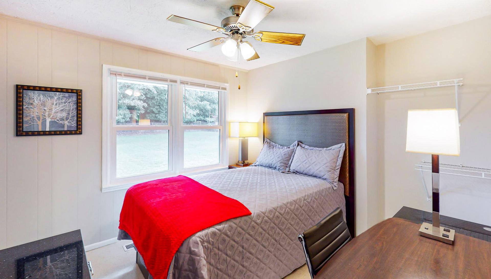 bedroom, detected: ceiling fan, window blind, bed
