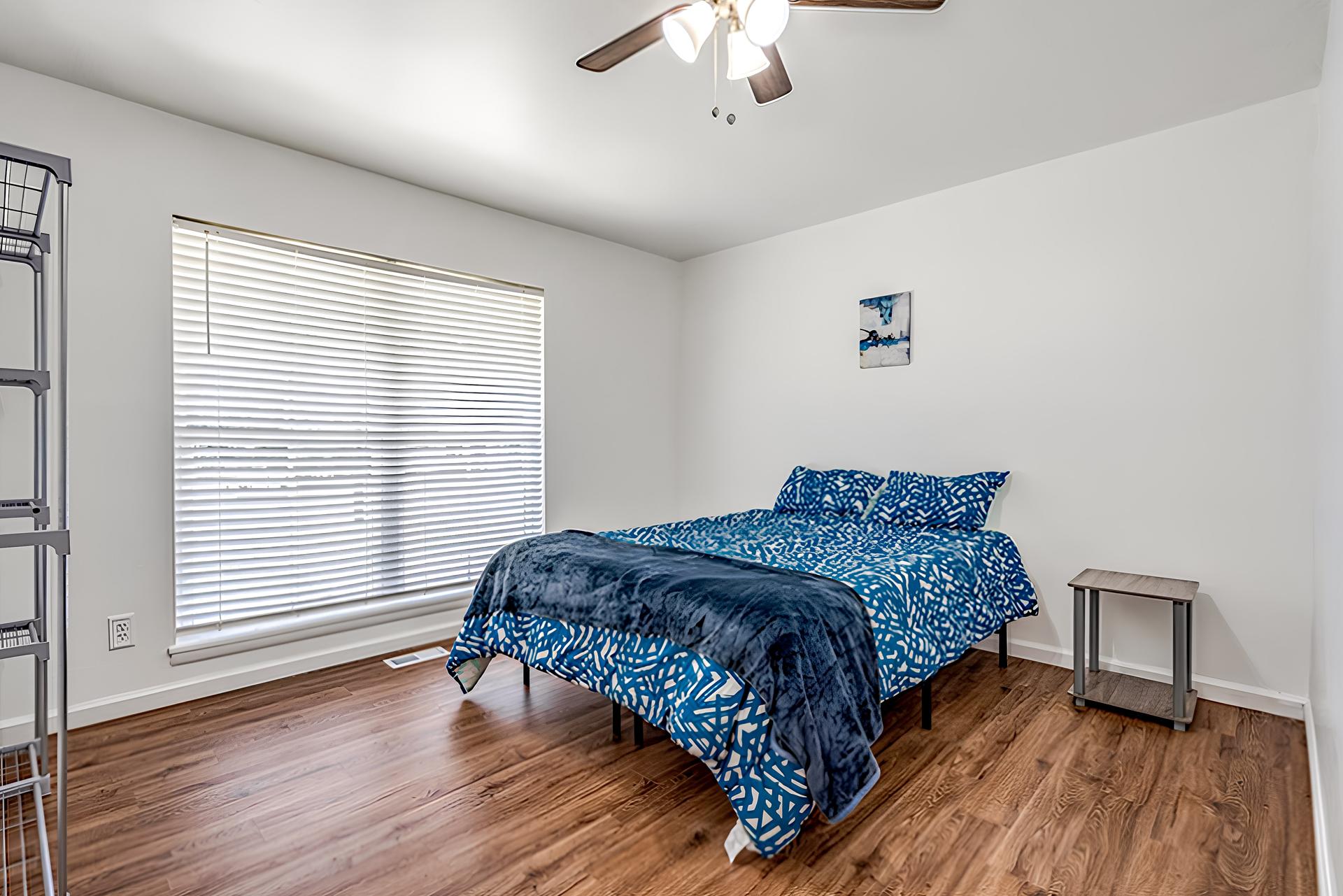 bedroom, detected: ceiling fan, window blind