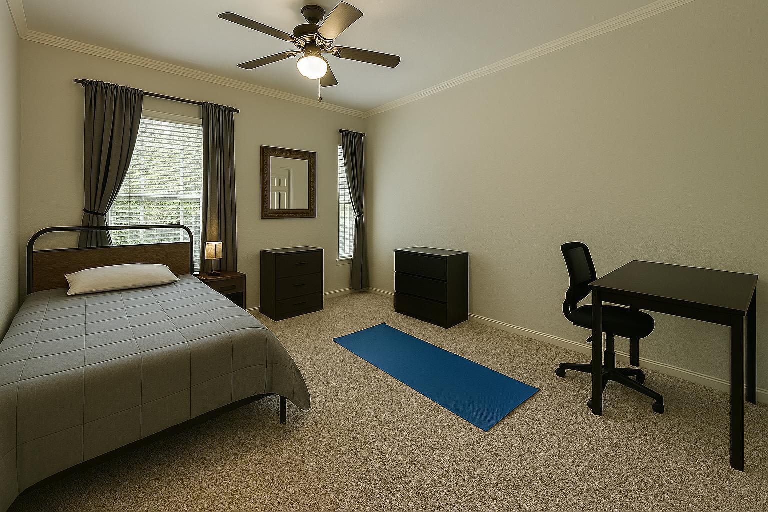 Private master suite w/ bath & room for desk—ideal for long-term couples who value privacy & space to work from home.