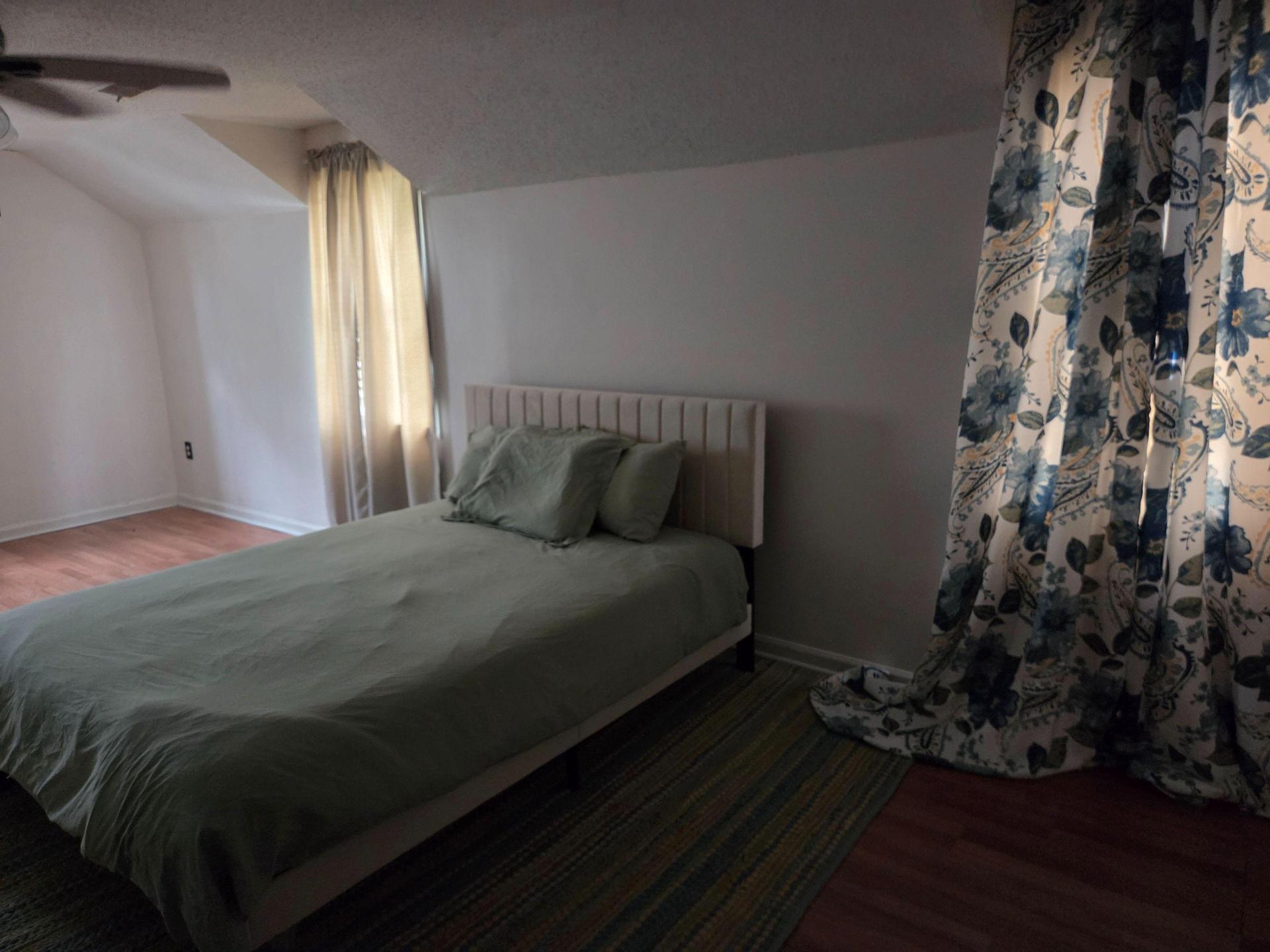 Queen bed on platform frame
