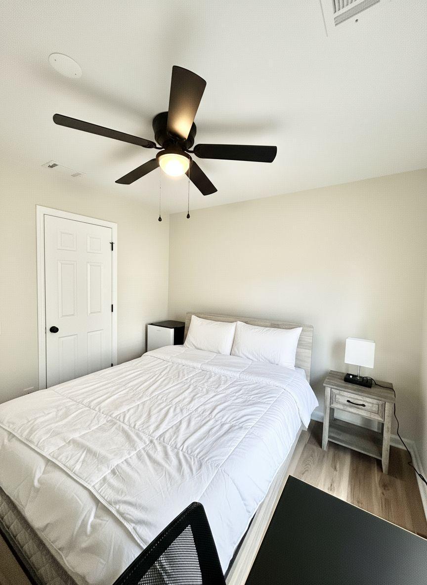 Private room w Queen bed, brand new mattress,  desk and personal mini fridge.