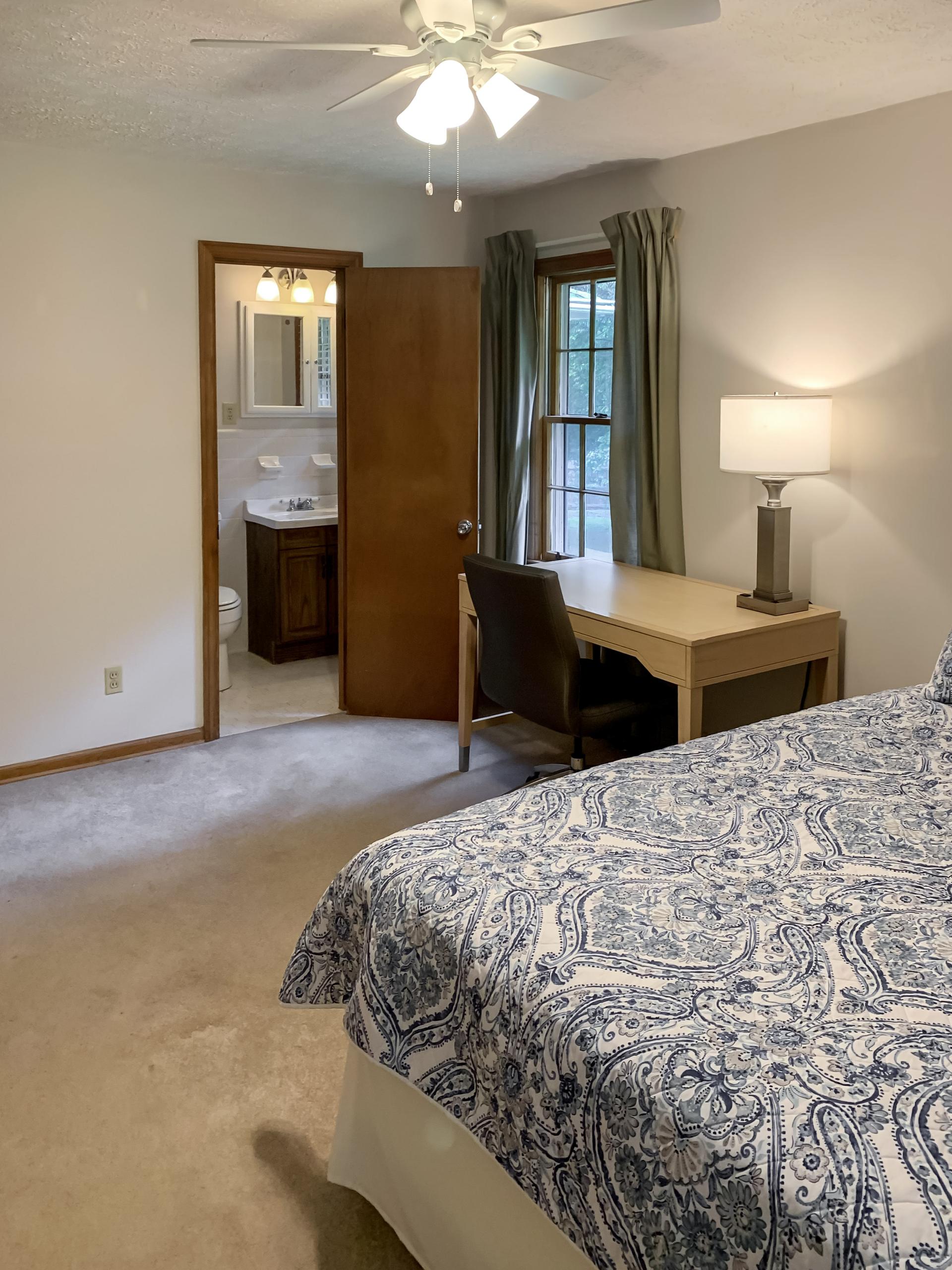 bedroom, detected: ceiling fan, window blind, bed