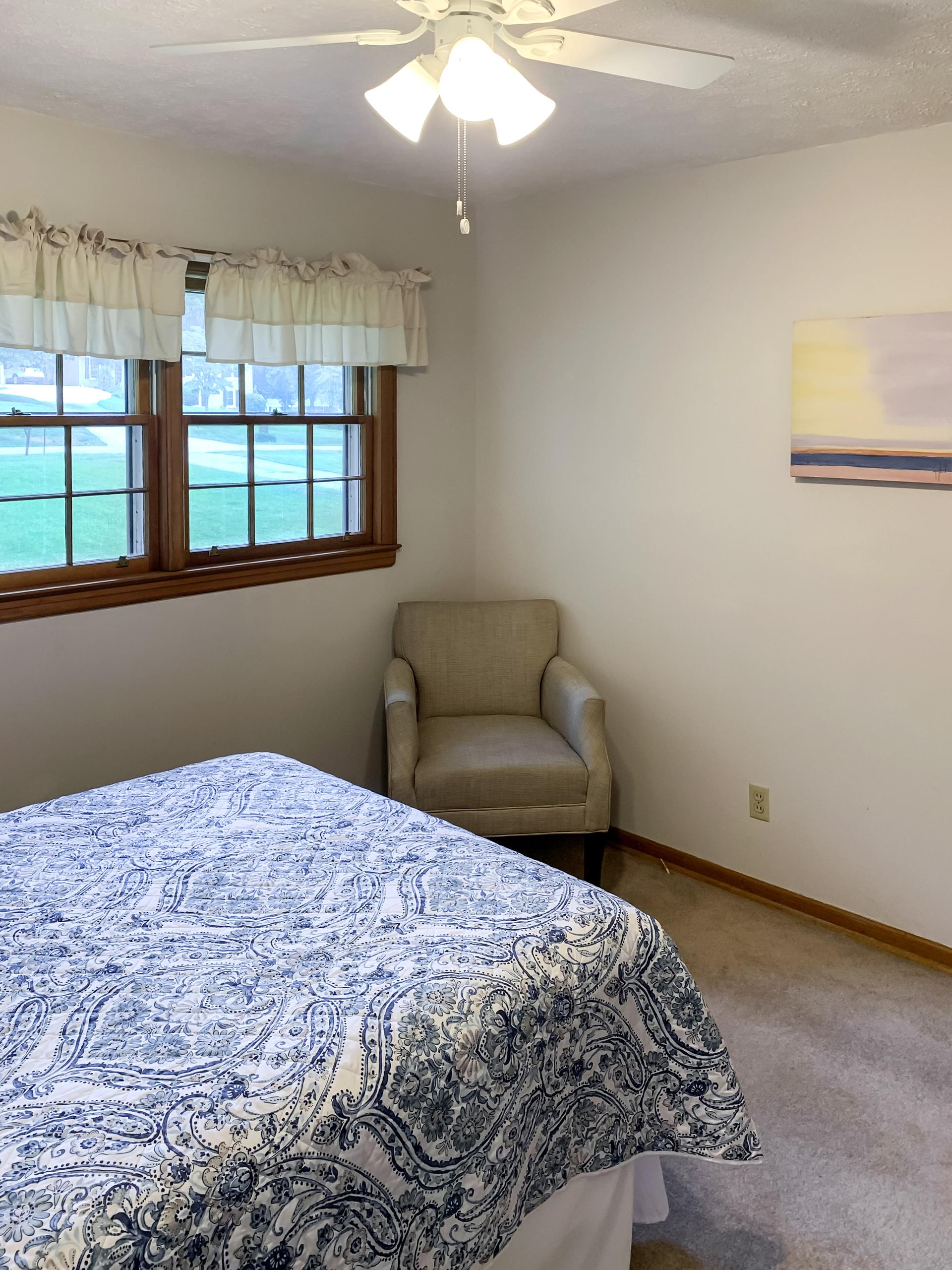 bedroom, detected: ceiling fan, bed, window blind