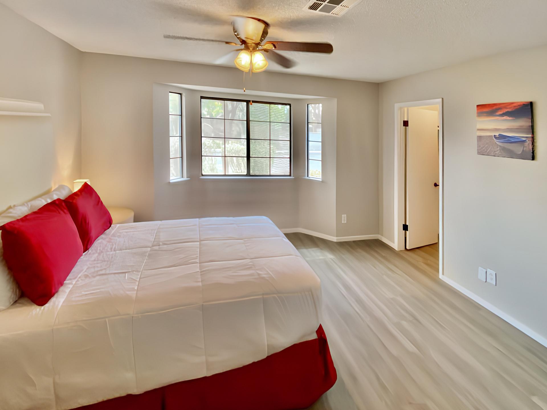 bedroom, detected: ceiling fan, window blind, bed