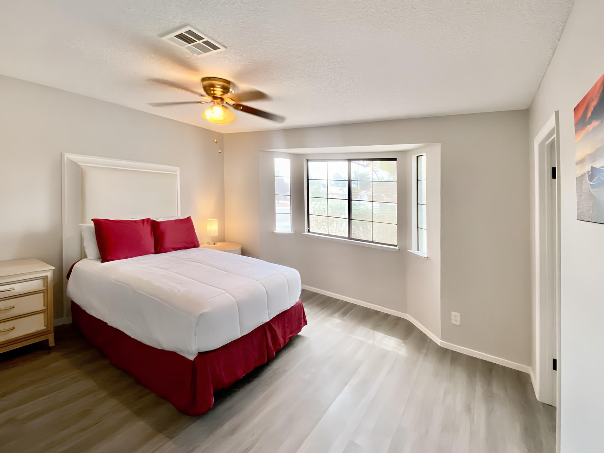 bedroom, detected: ceiling fan, bed, window blind