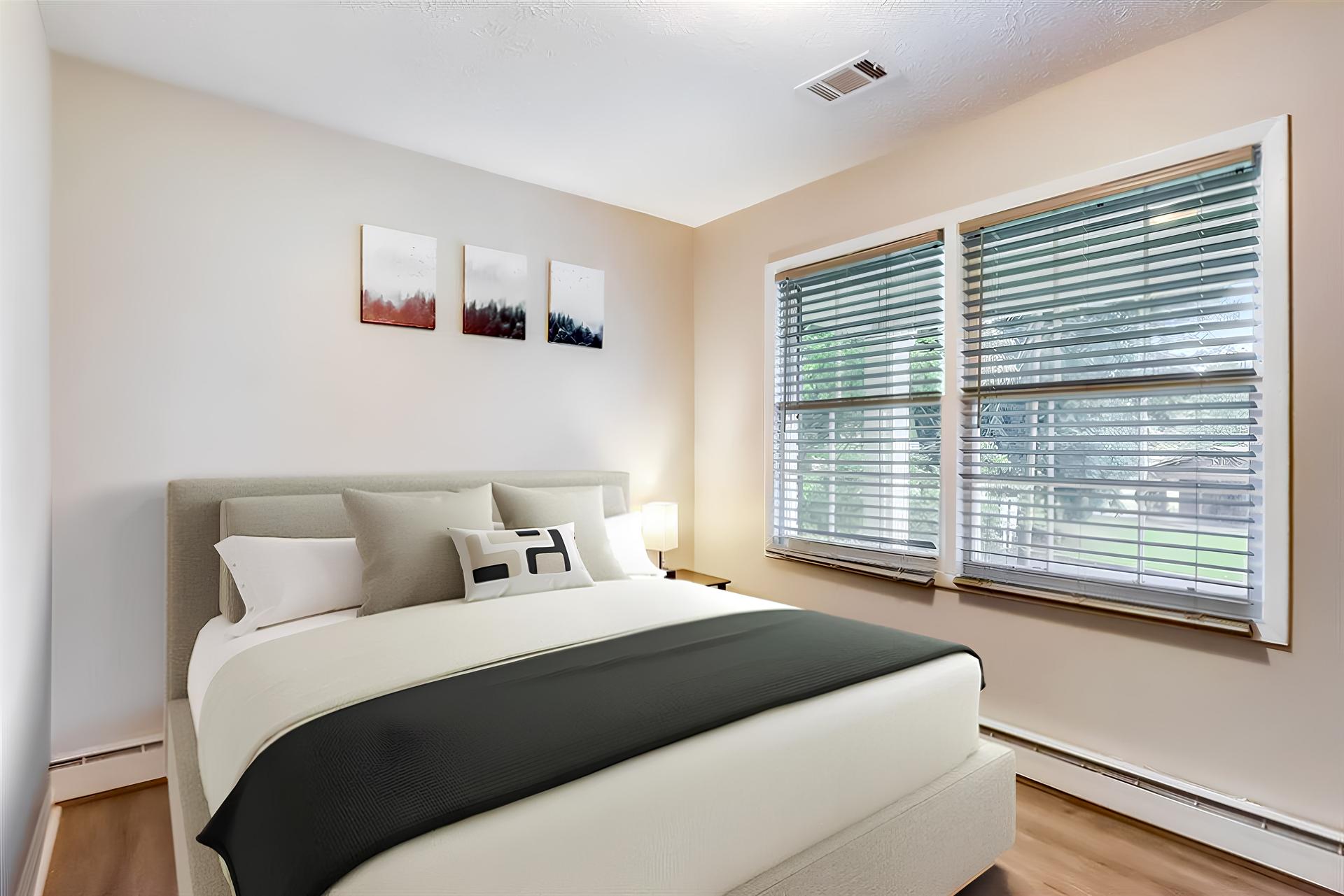 bedroom, detected: window blind, bed
