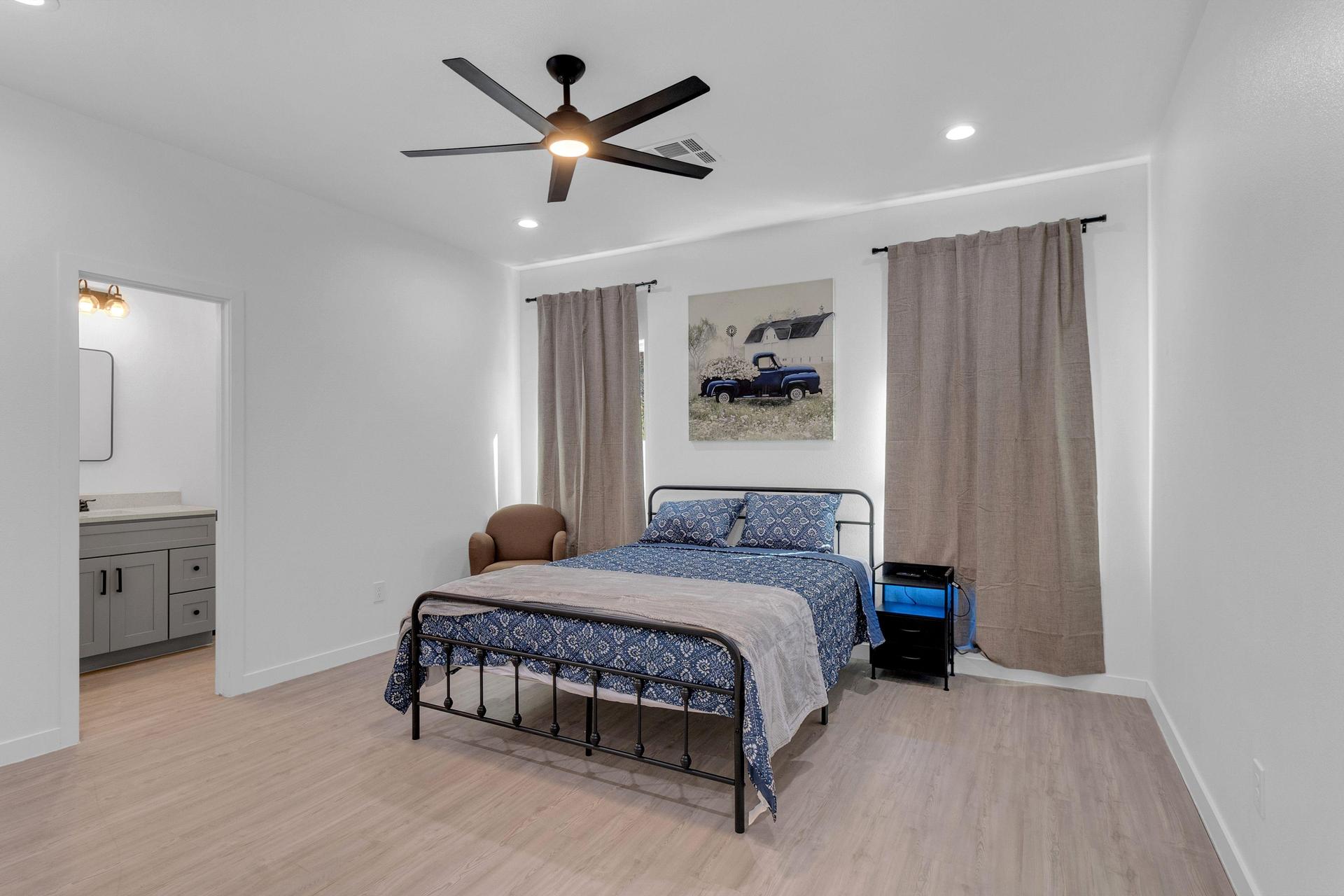 Comfy Queen Bed, nightstand and couch