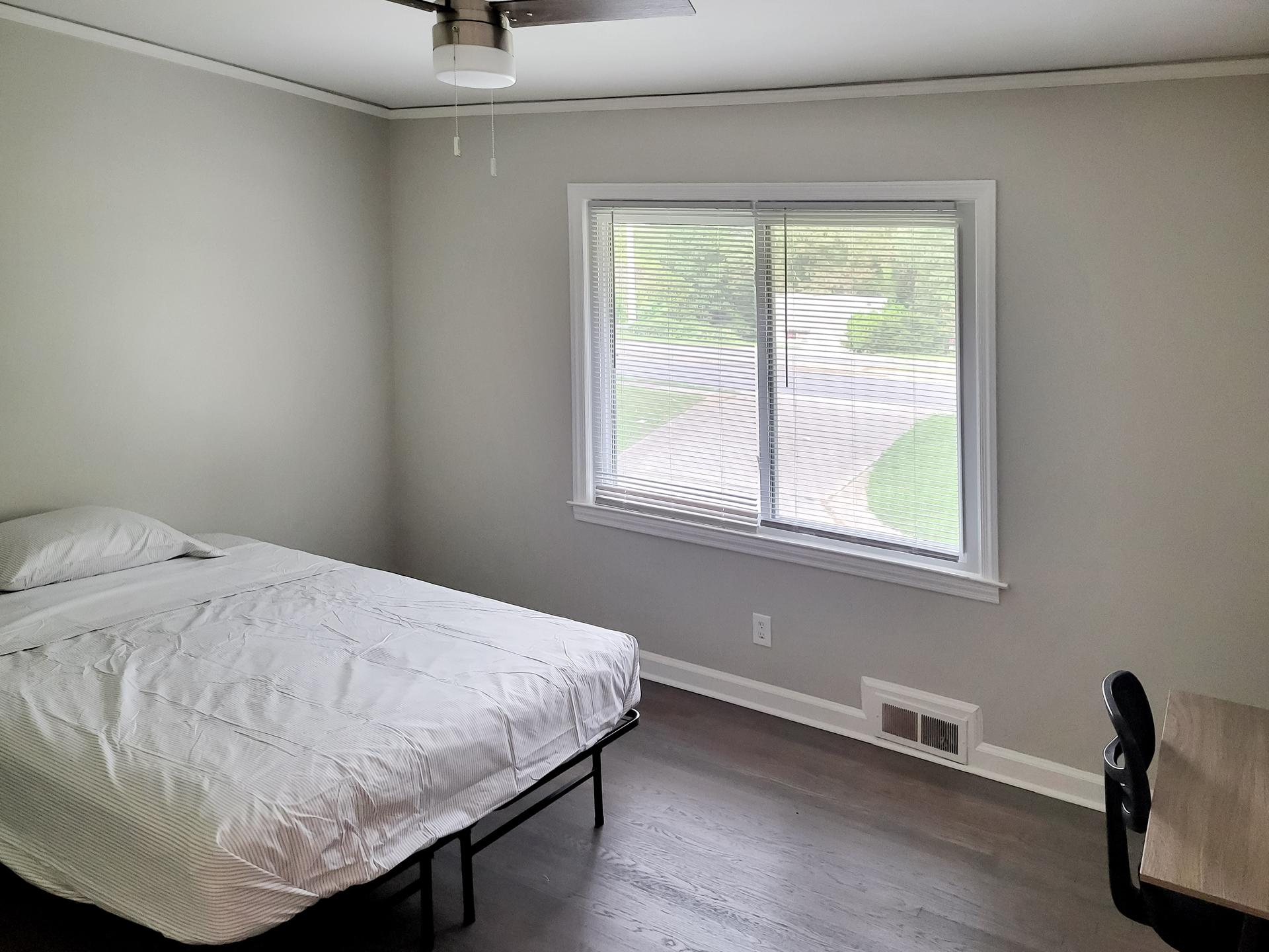 bedroom, detected: ceiling fan, window blind, bed