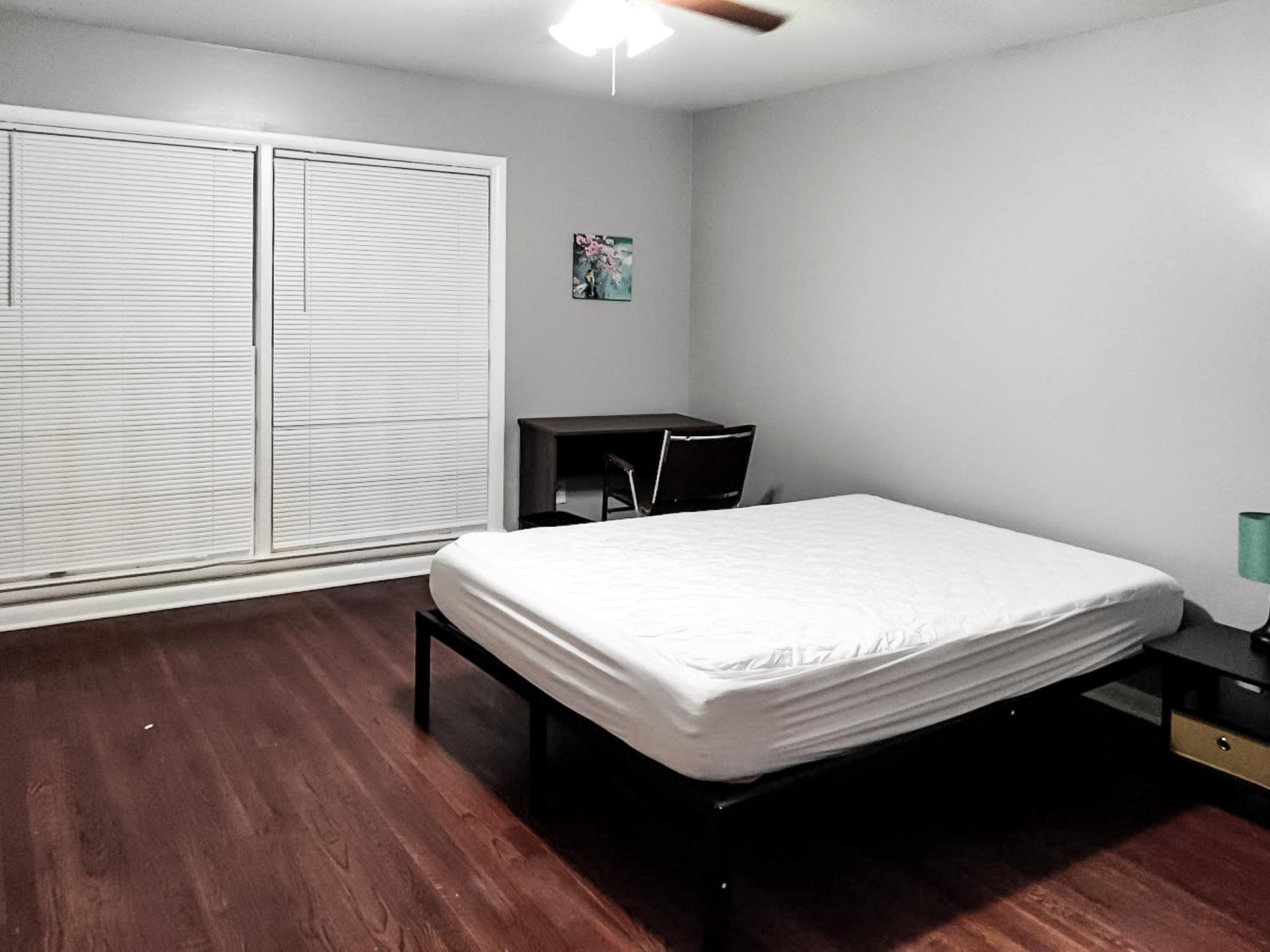 bedroom, detected: ceiling fan, bed, window blind