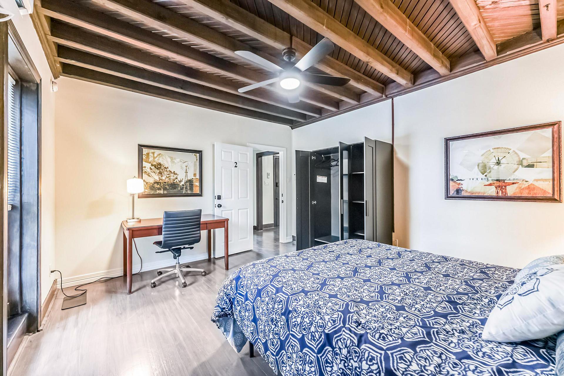 View from separate entrance.  Room includes a non-smart TV (need your favorite USB device for streaming to attach)