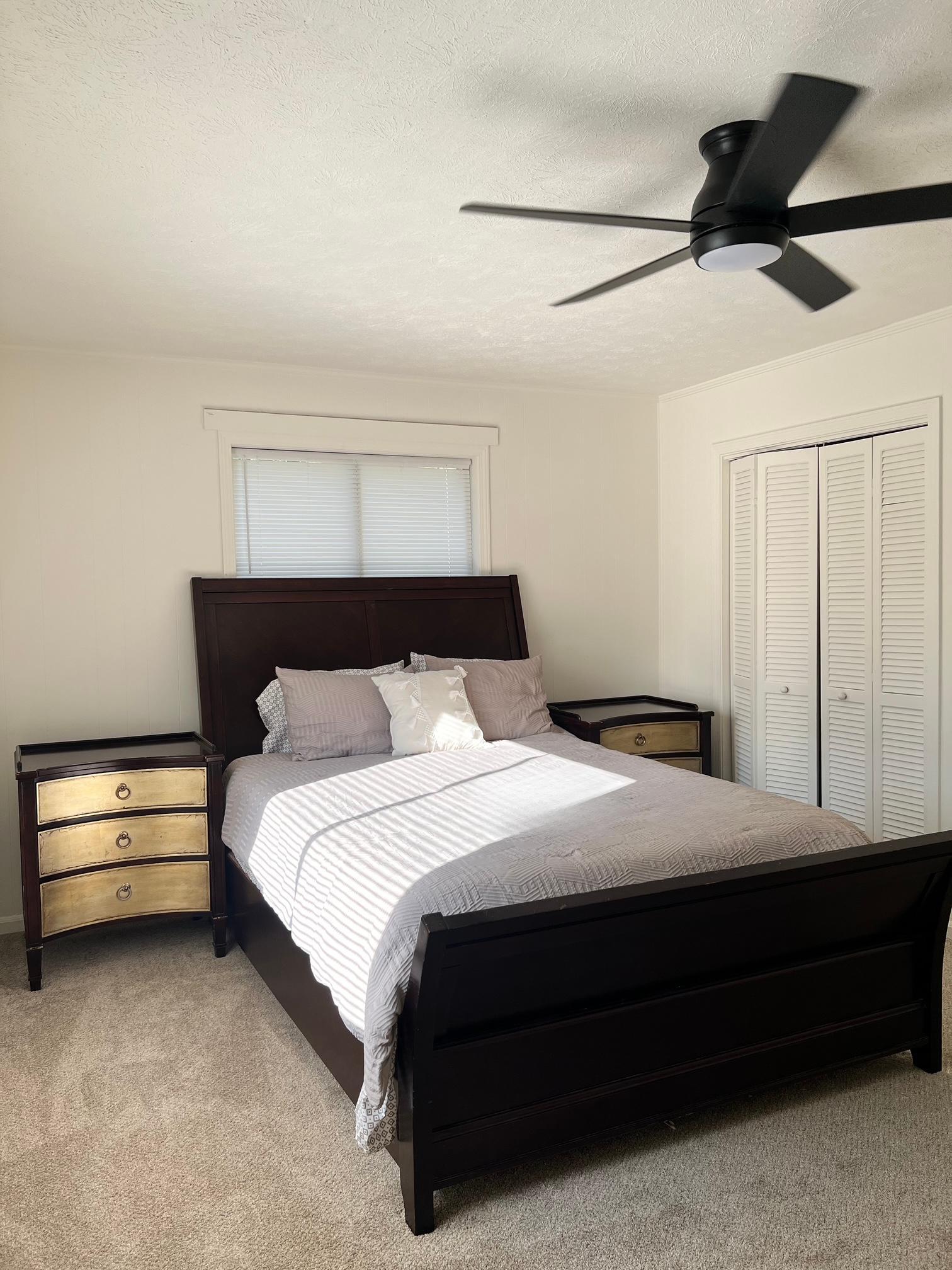 Room 1 Queen Bed with 2 nightstands and closet