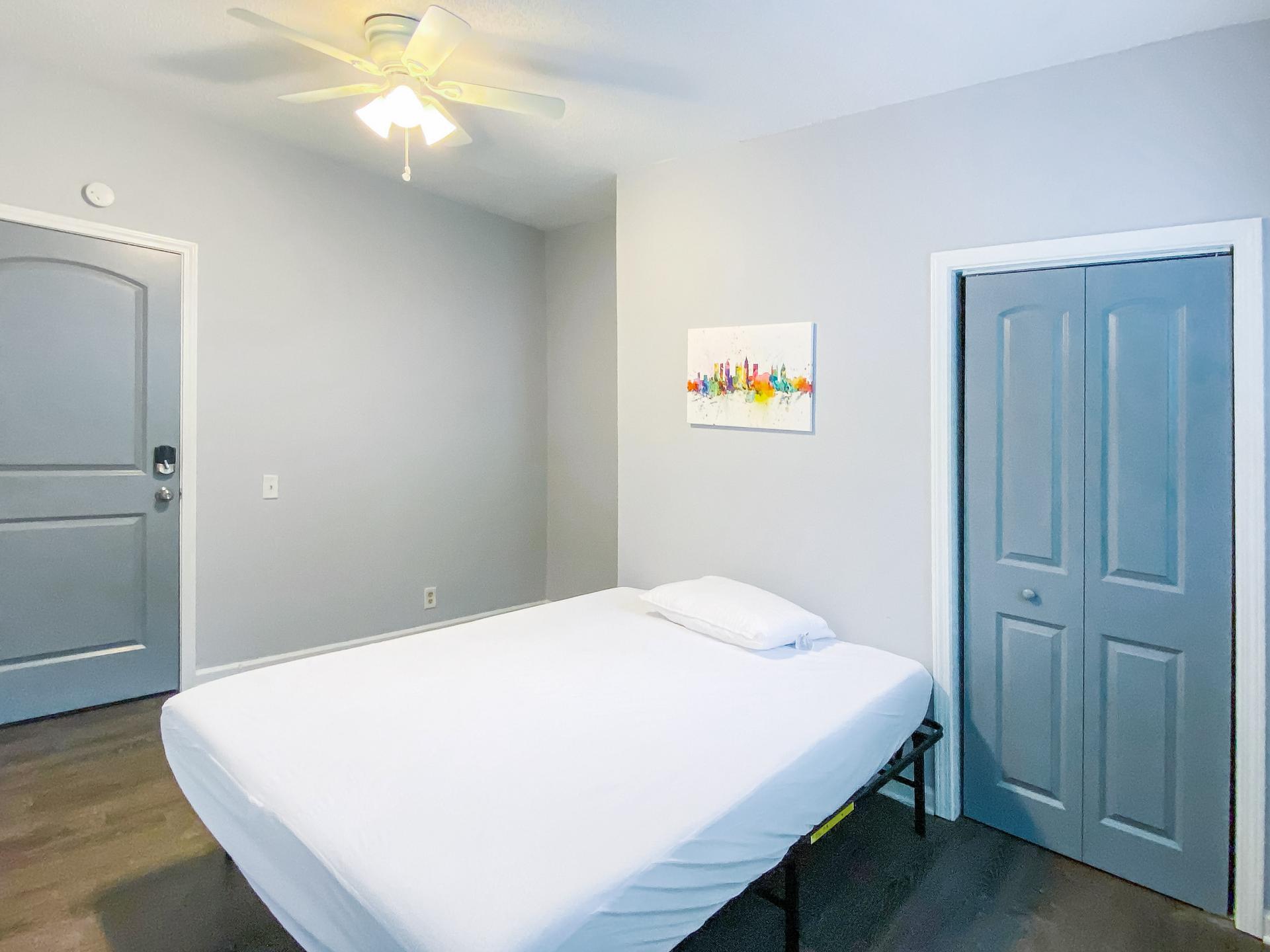 bedroom, detected: ceiling fan, bed, window blind