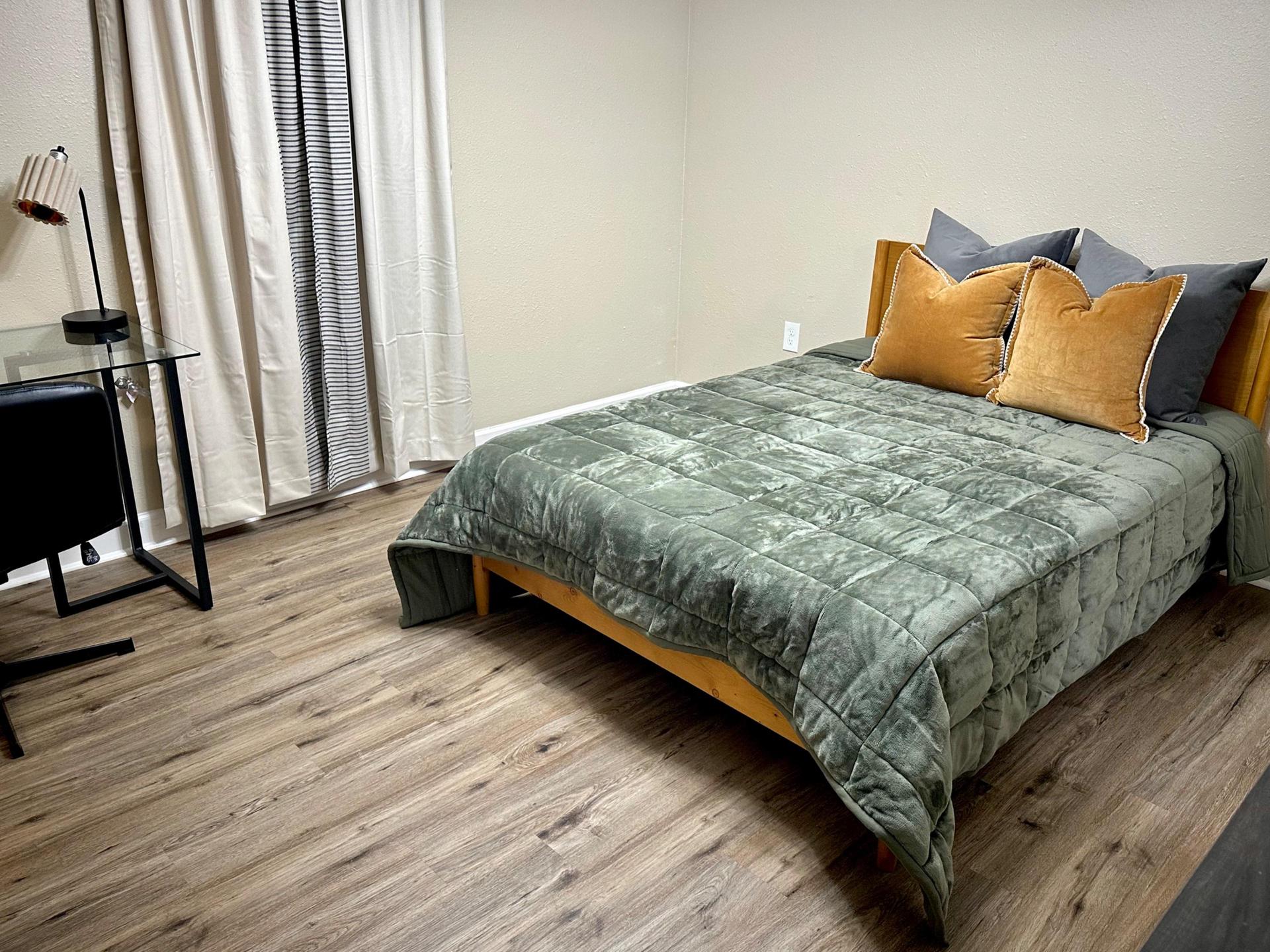 Room #1 is equipped with a bed-frame, mattress & protector, desk & lamp, dresser, & armoire (*to be installed), NOT bedding