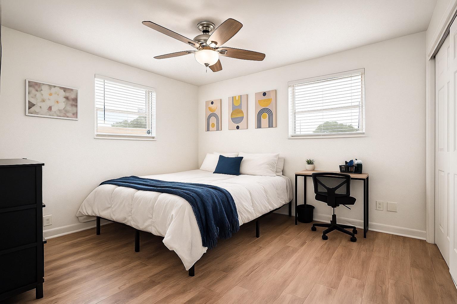 Modern queen room with built-in closet, desk & bright airy feel — ideal living in Jacksonville, FL