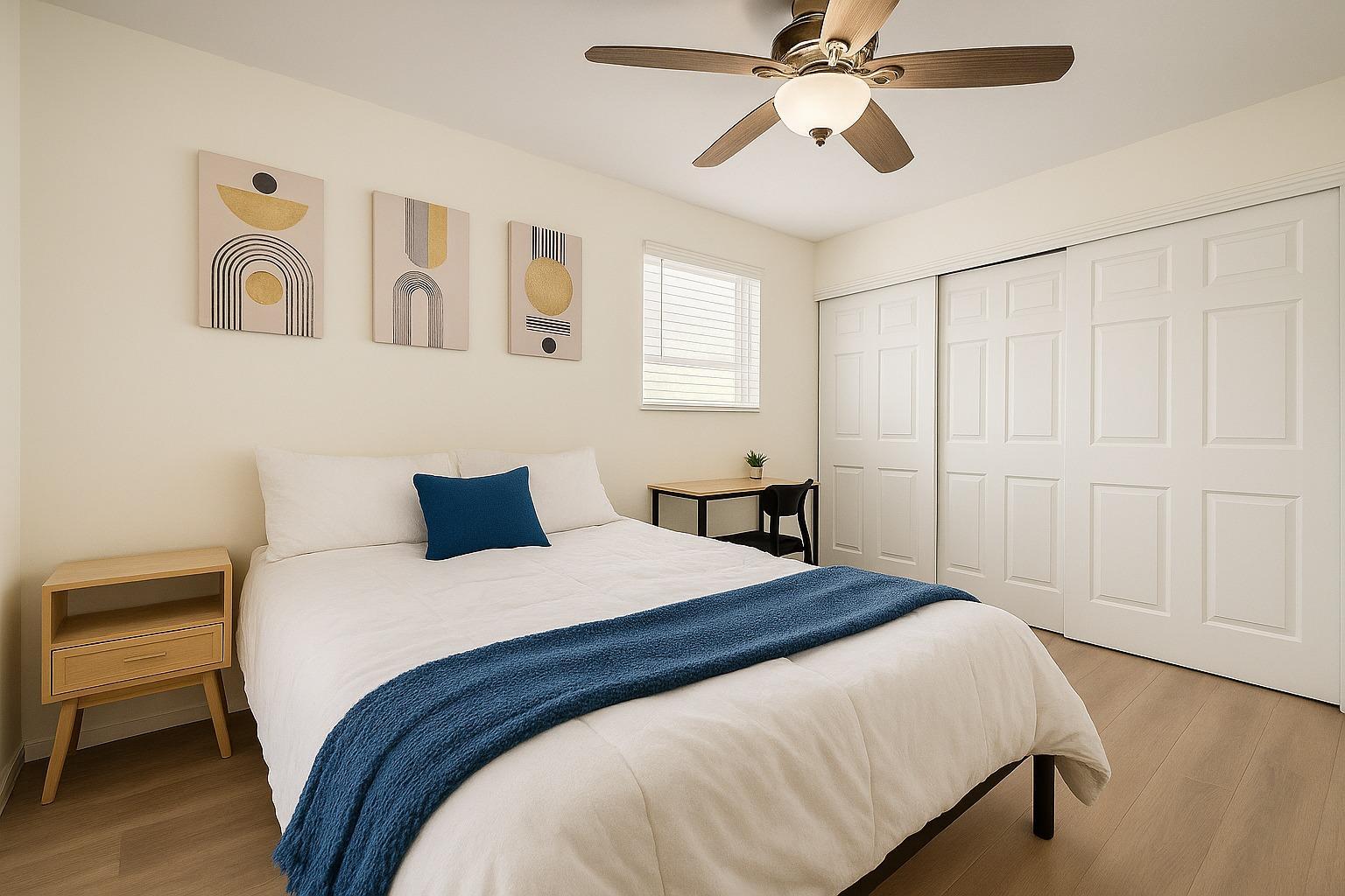 Bright queen room with desk, built-in closet & two windows — spacious and modern Jacksonville stay