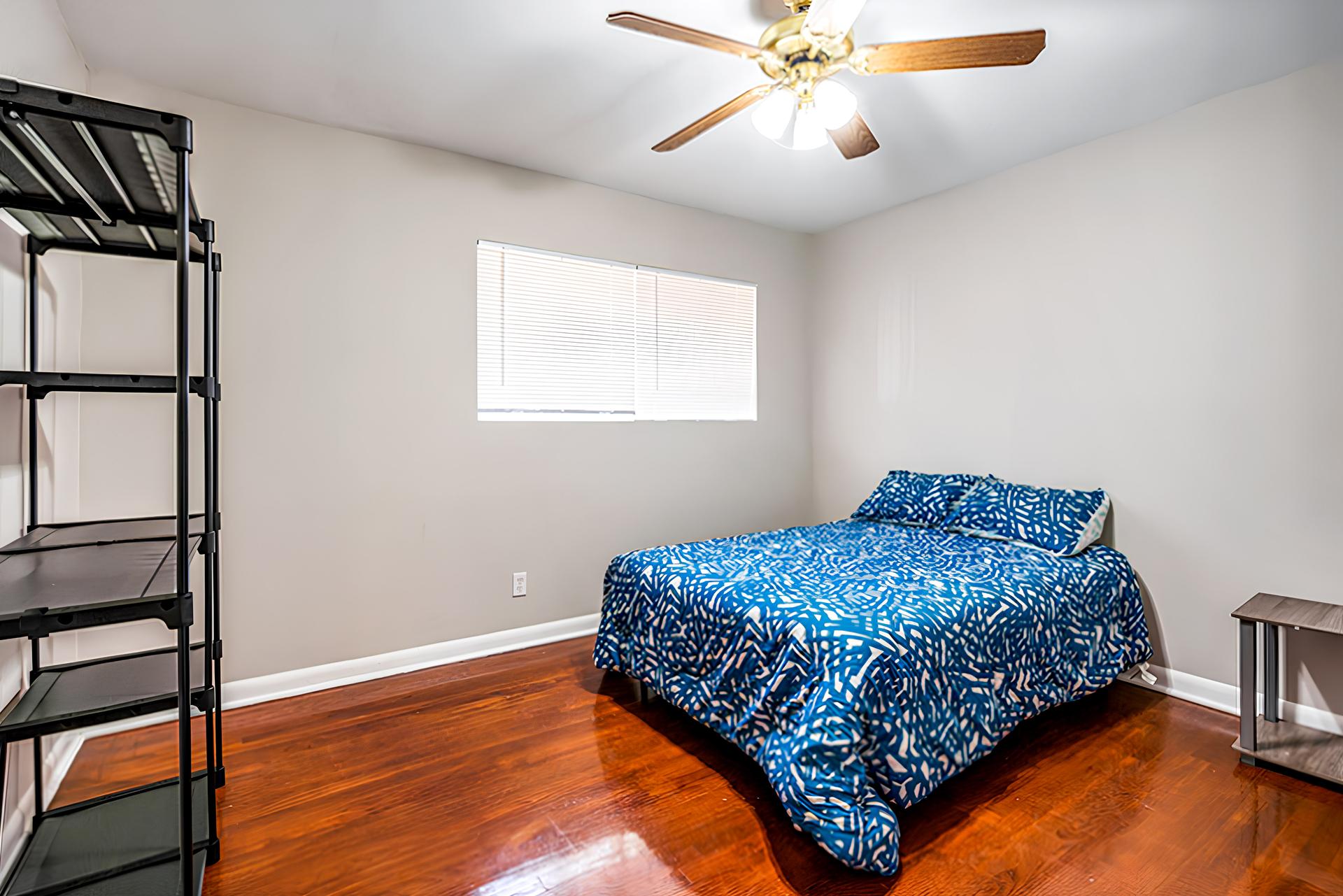 bedroom, detected: ceiling fan, window blind, bed