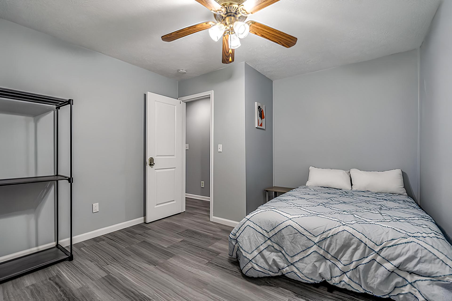 bedroom, detected: ceiling fan, bed, window blind