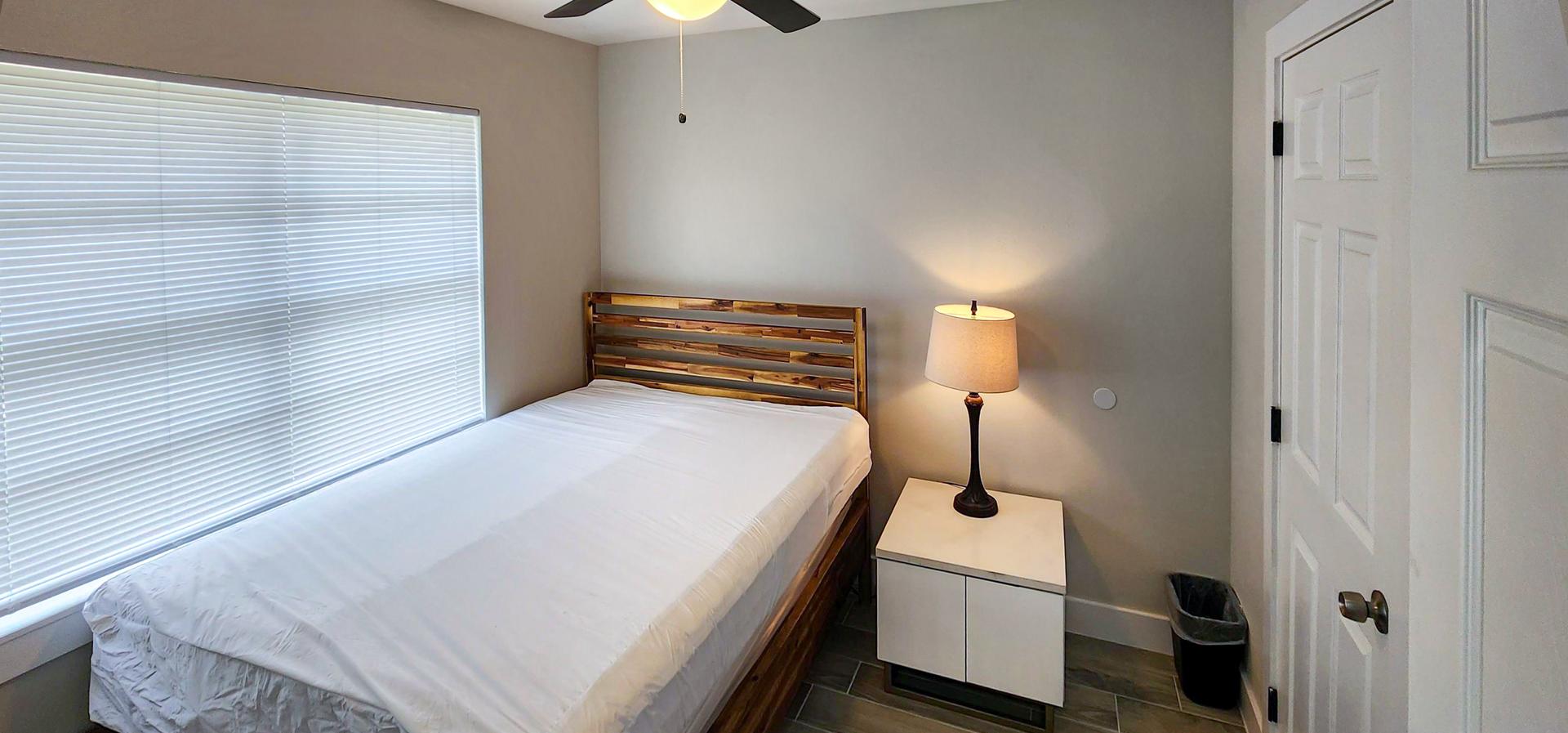 bedroom, detected: ceiling fan, bed, window blind