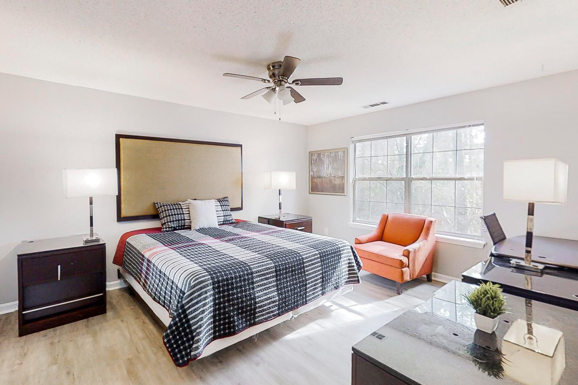 bedroom, detected: ceiling fan, bed, window blind