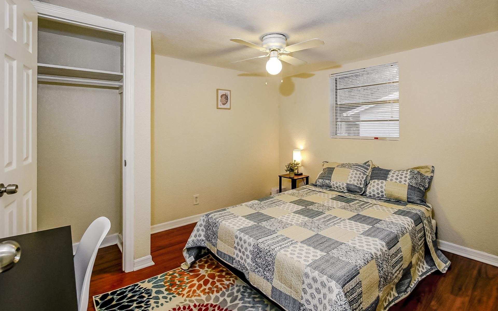 bedroom, detected: ceiling fan, bed, window blind