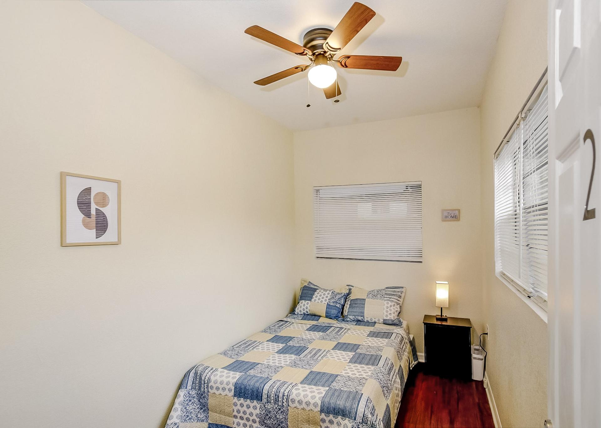 bedroom, detected: ceiling fan, bed, window blind