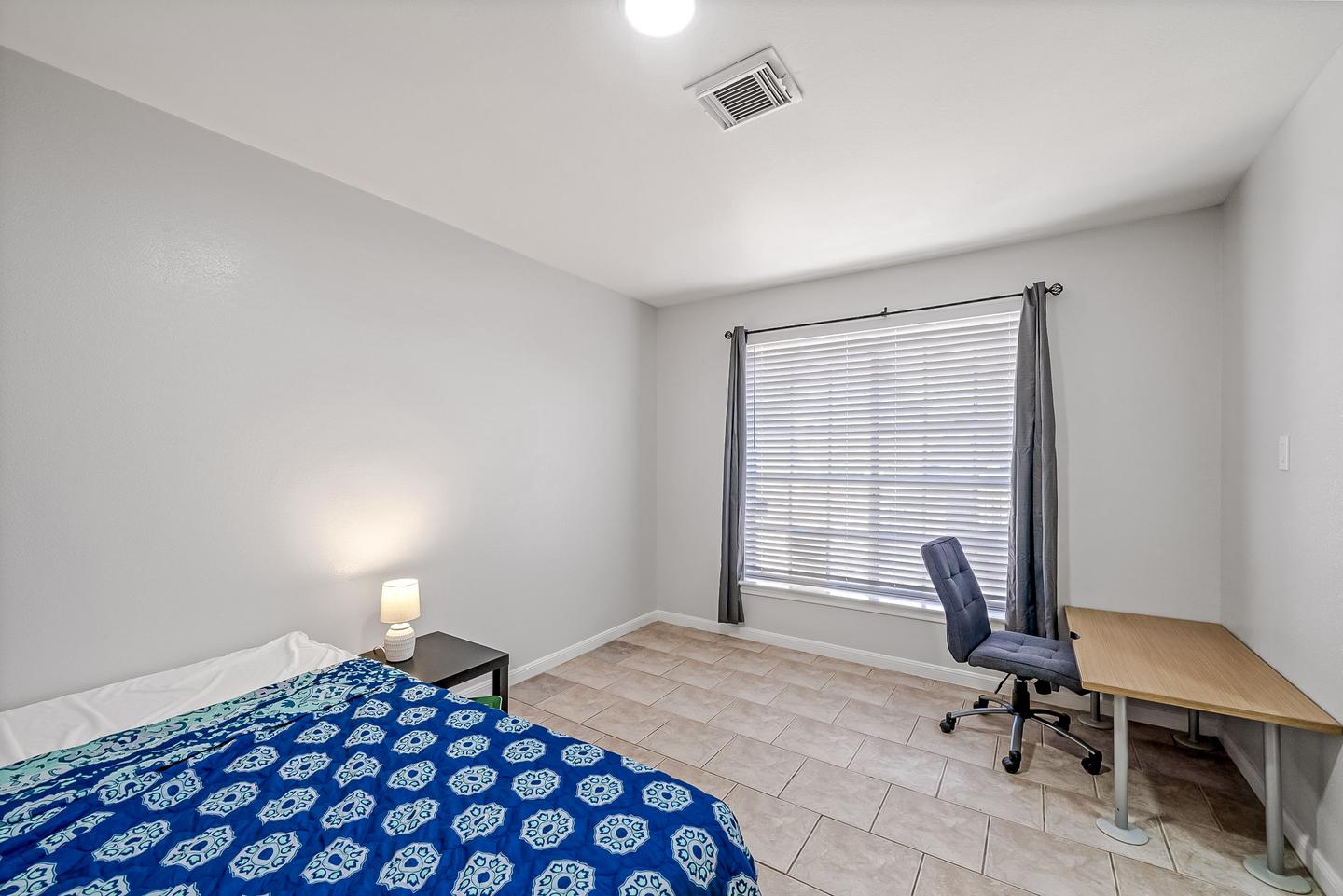 Large room with plenty of space. No closer but a solid wood dresser.