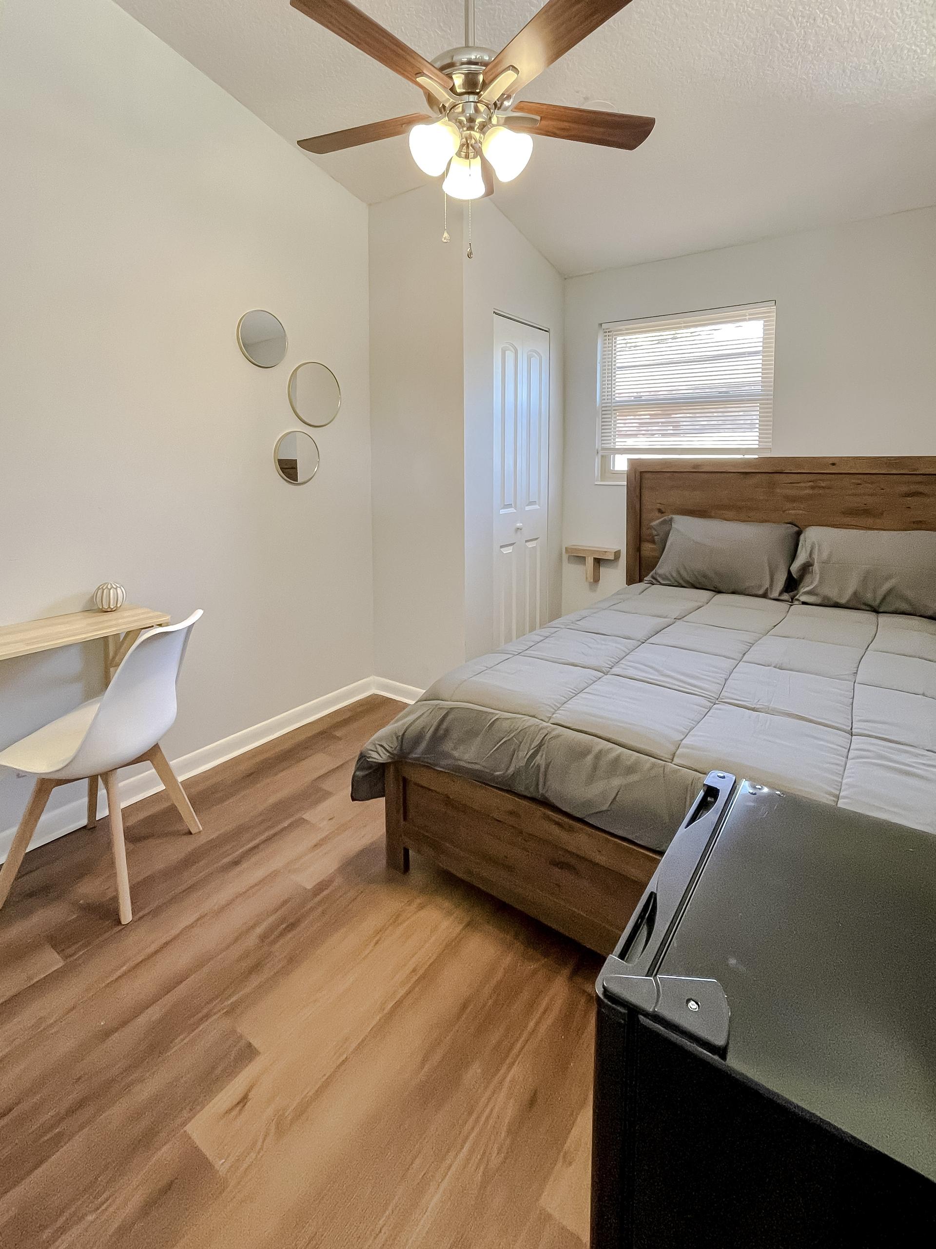 bedroom, detected:ceiling fan, window blind, bed