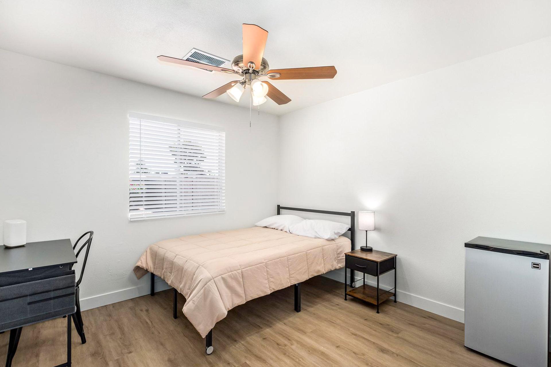 bedroom, detected:ceiling fan, window blind, bed