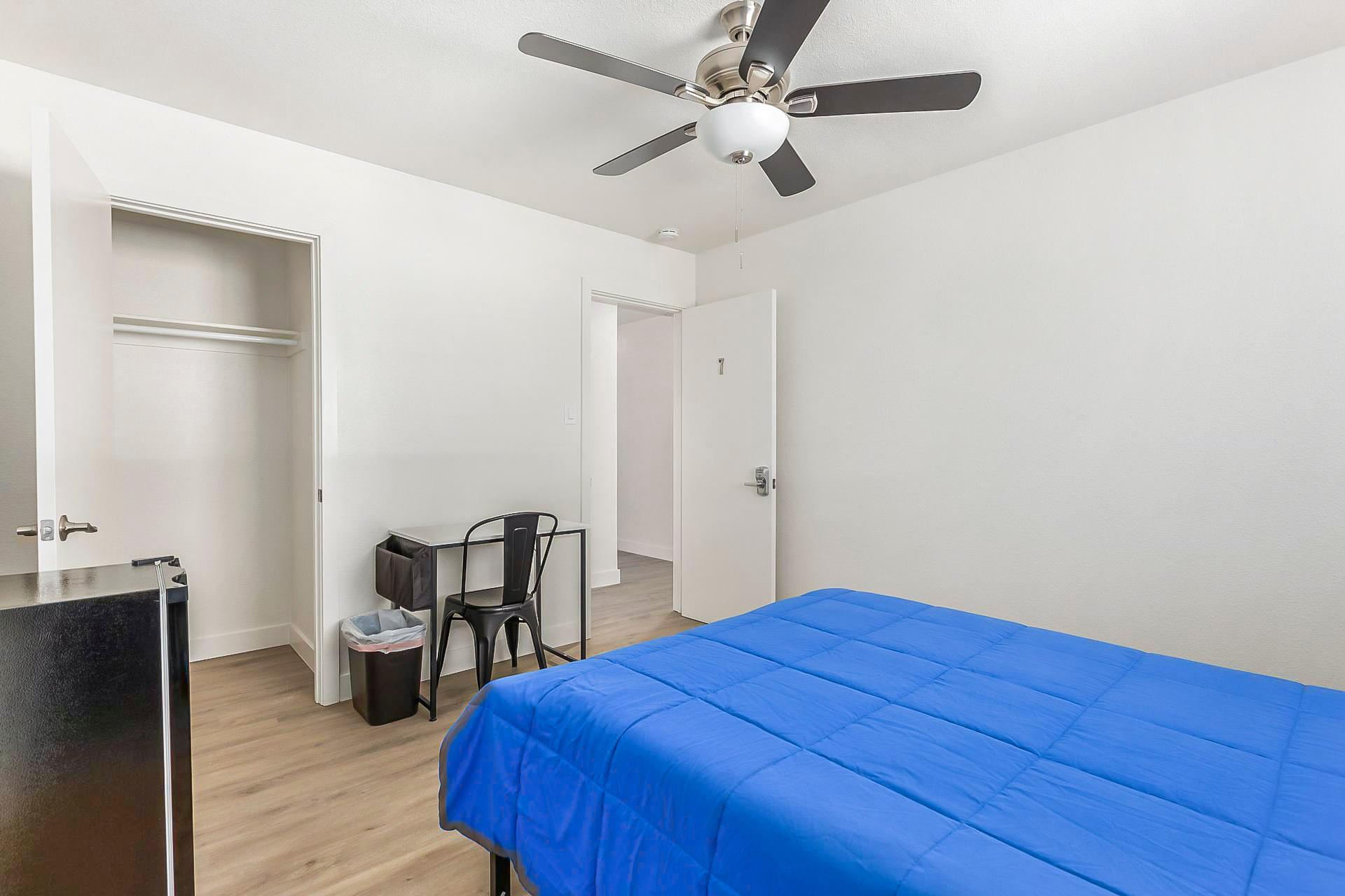 Bedroom 7
Full size bed, closet desk and chair, mini fridge and