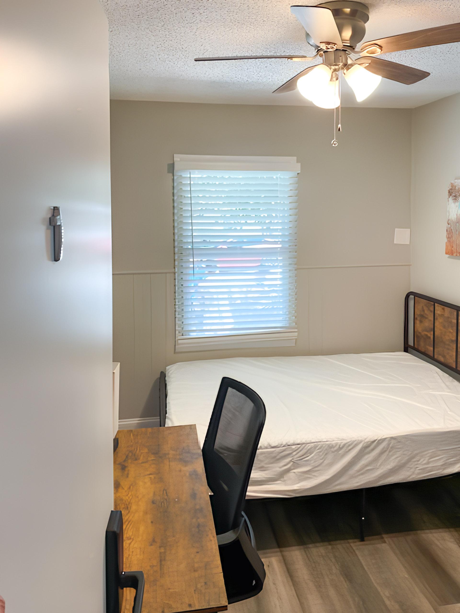 bedroom, detected:ceiling fan, window blind, bed