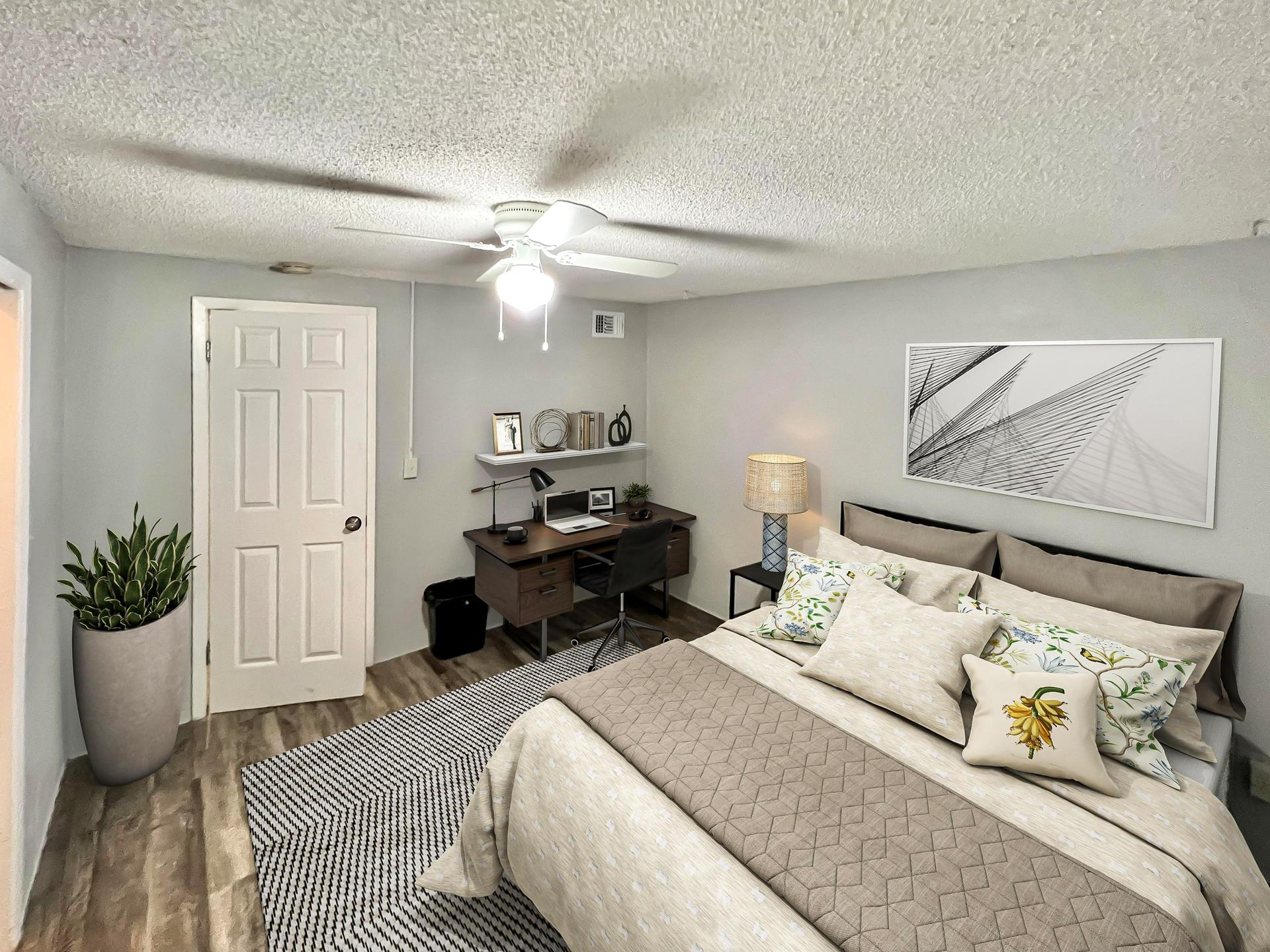 bedroom, detected:bed, ceiling fan, window blind