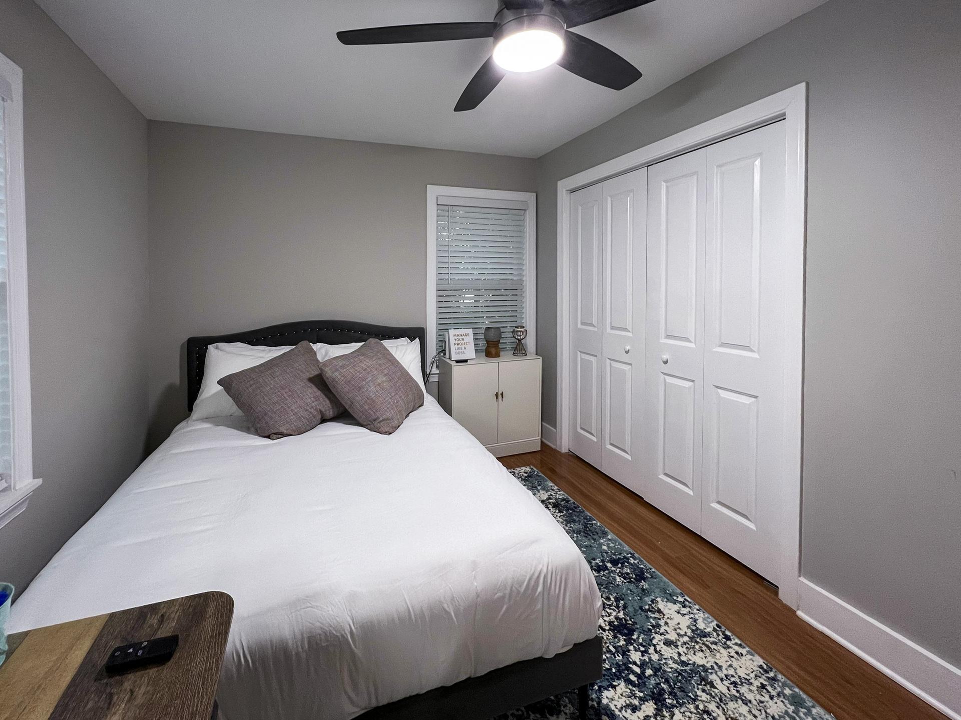 bedroom, detected:ceiling fan, window blind, bed