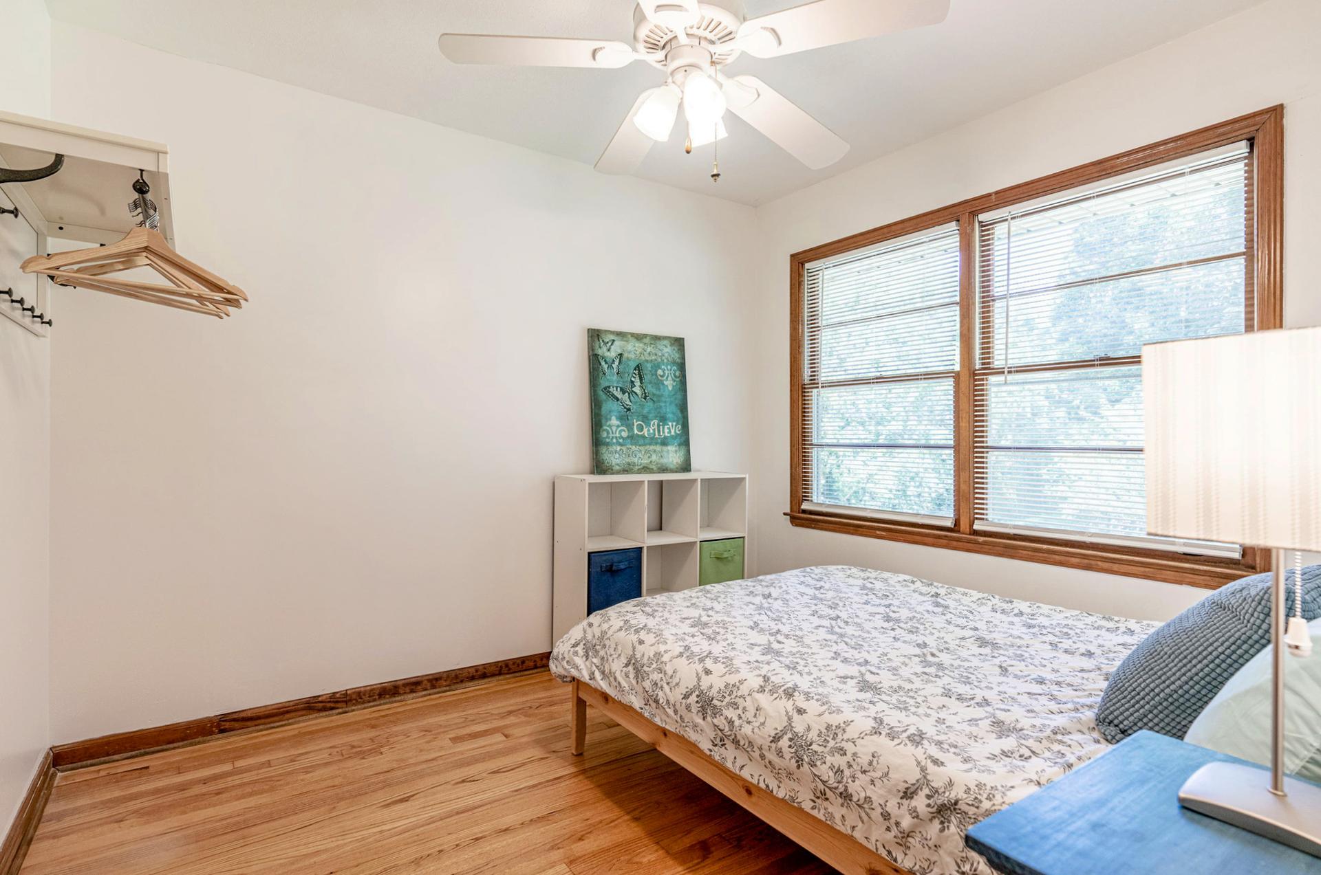 Though small, Basie has hanging and drawer space for clothing, and ample floor space.