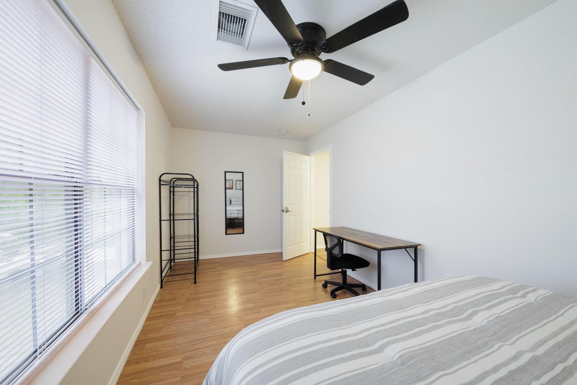 Ceiling fan, desk, and wardrobe included.