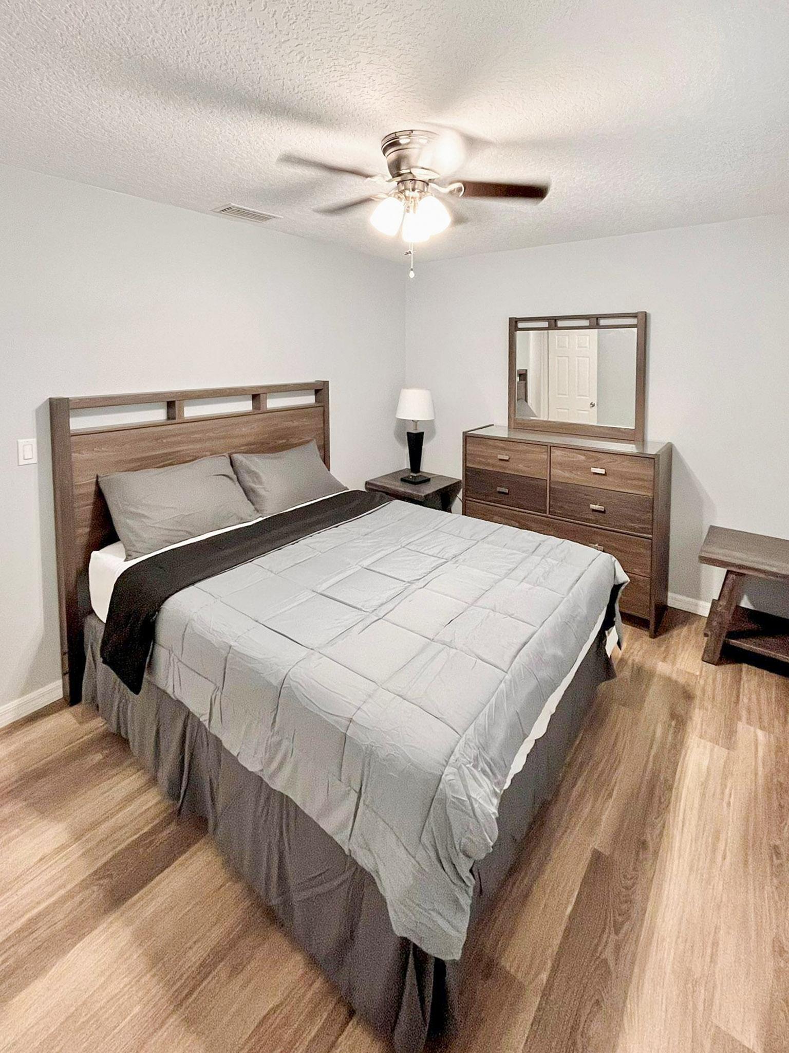 bedroom, detected:ceiling fan, window blind, bed