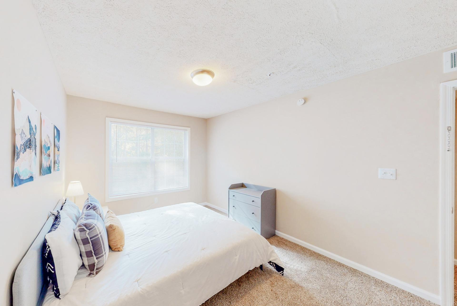 Cozy room equipped with a queen bed, night stand, vintage lamp, dresser and a reach-in closet.