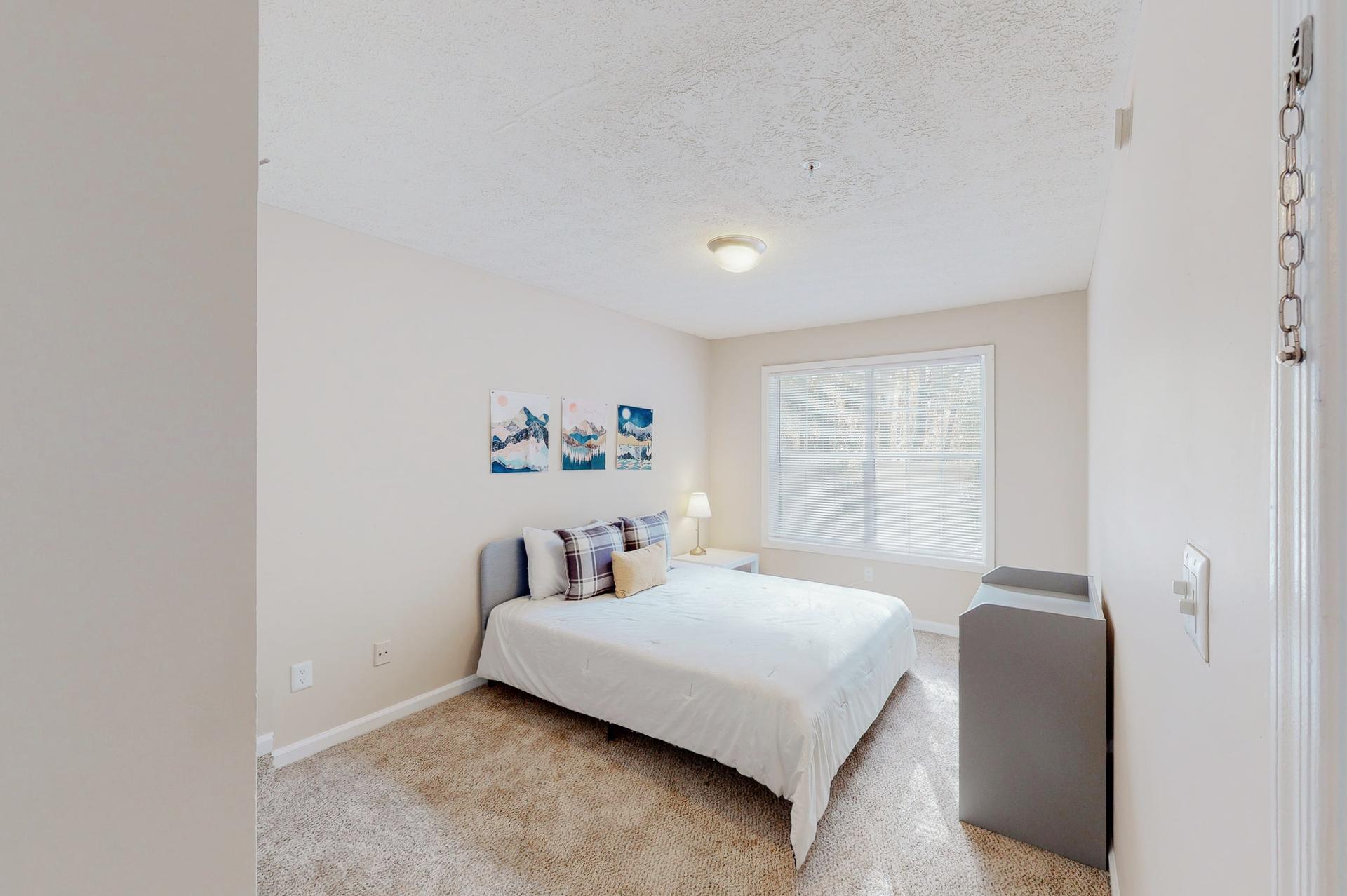 Cozy room equipped with a queen bed, night stand, vintage lamp, dresser and a reach-in closet.
