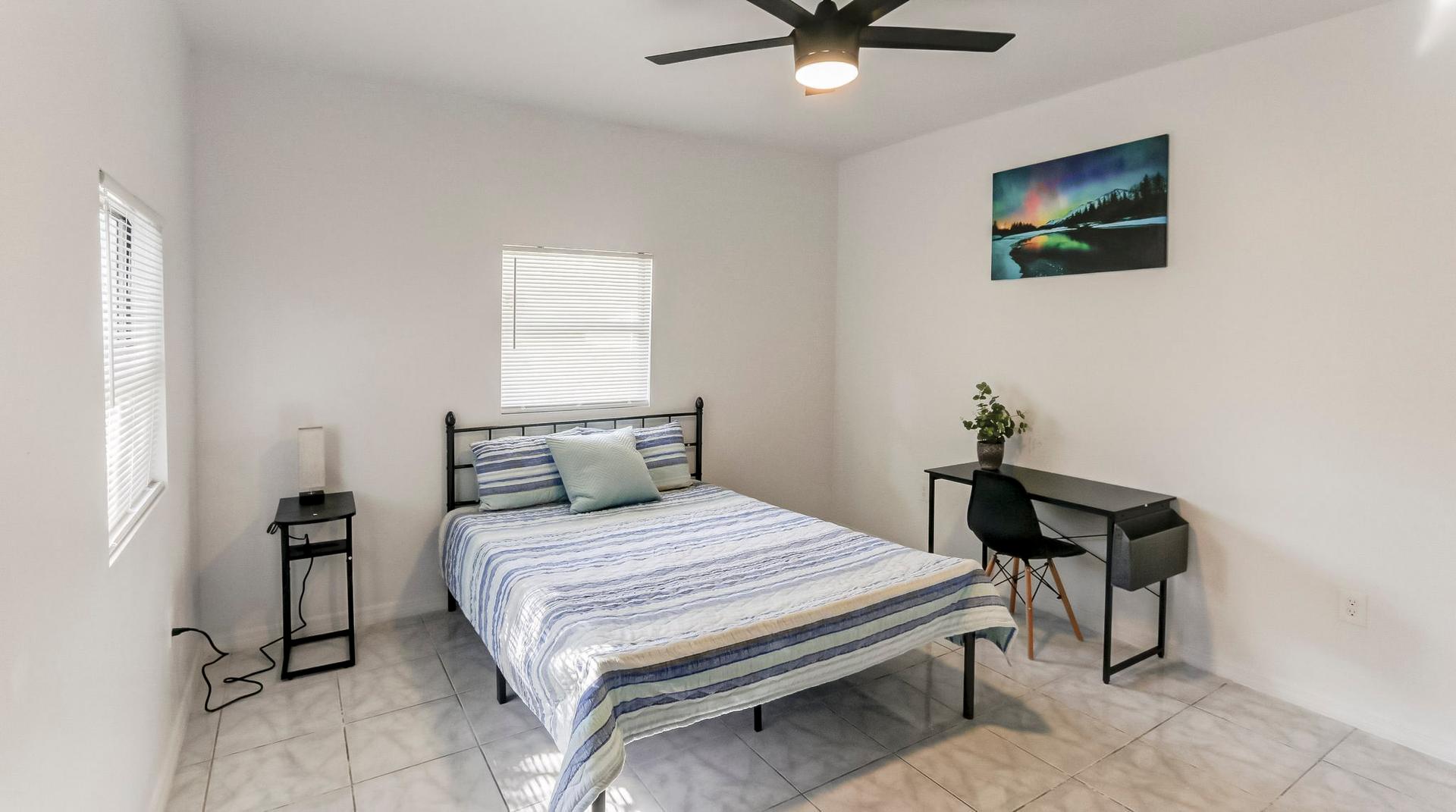 bedroom, detected:ceiling fan, bed, window blind