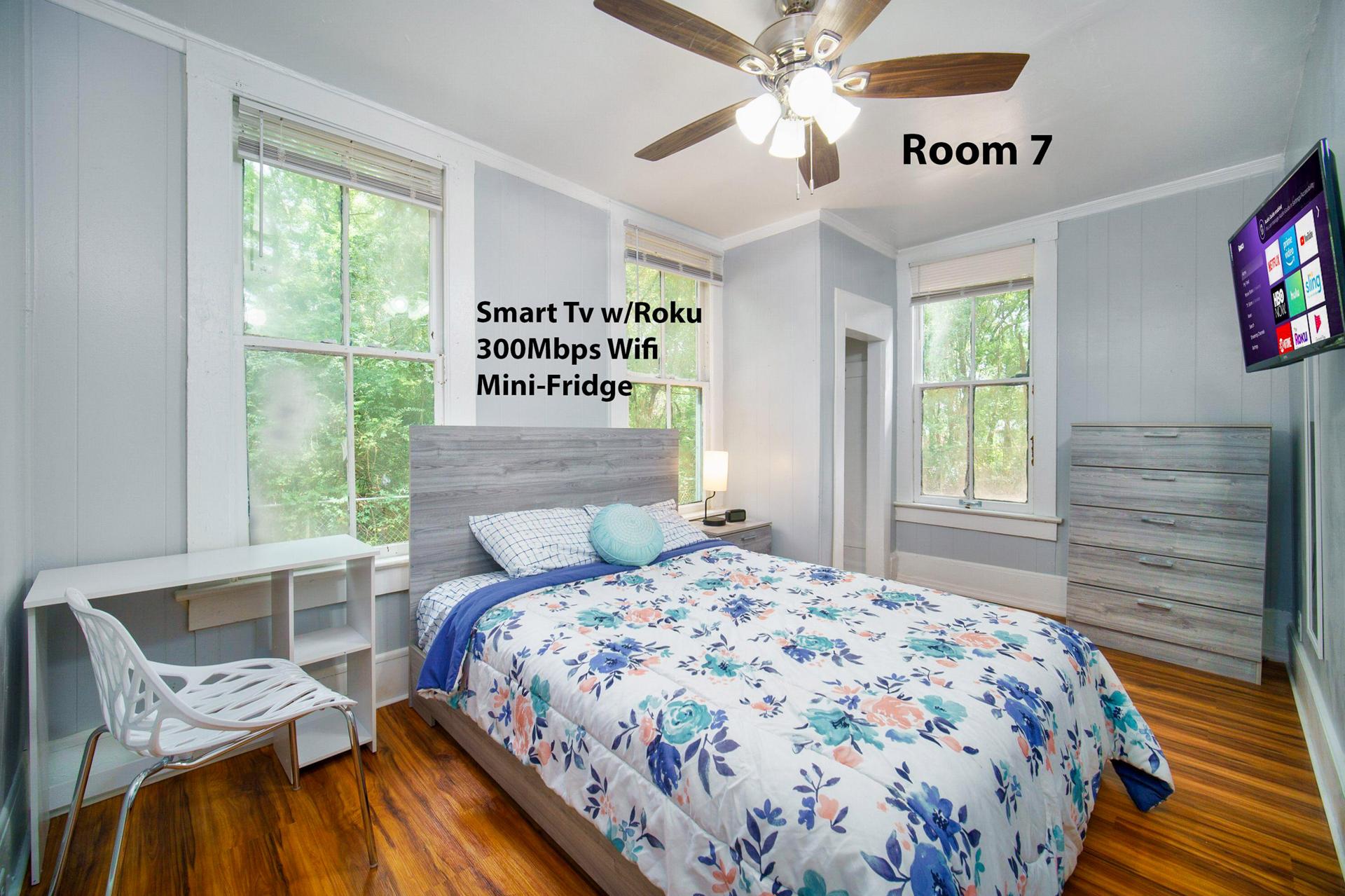 bedroom, detected:ceiling fan, bed, window blind