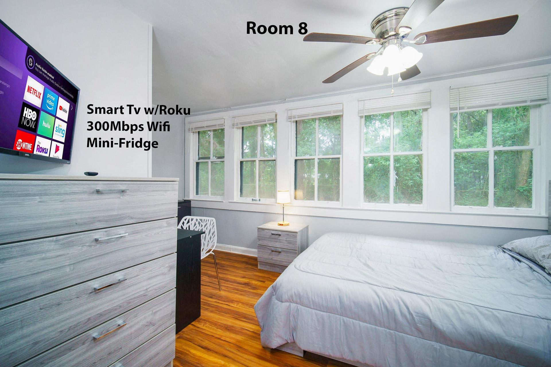 bedroom, detected:ceiling fan, window blind, bed