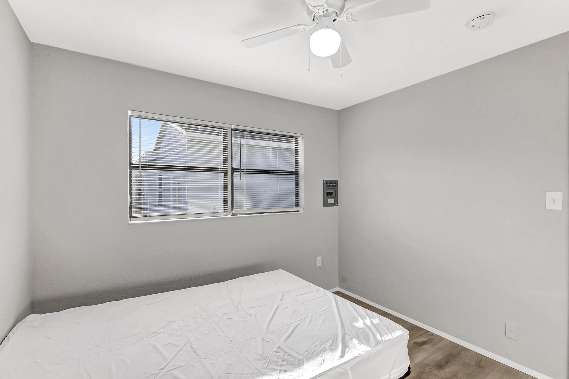 bedroom, detected:window blind, bed, ceiling fan