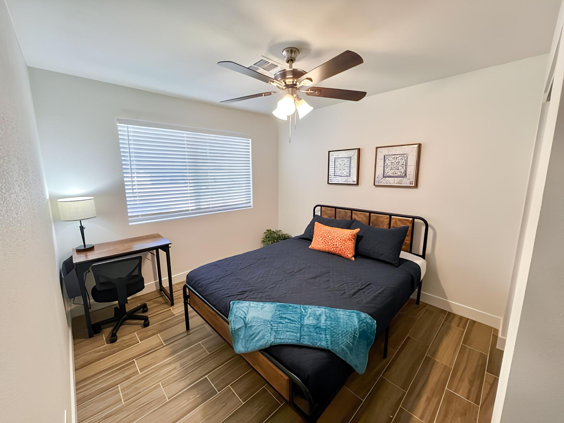 bedroom, detected:ceiling fan, window blind, bed