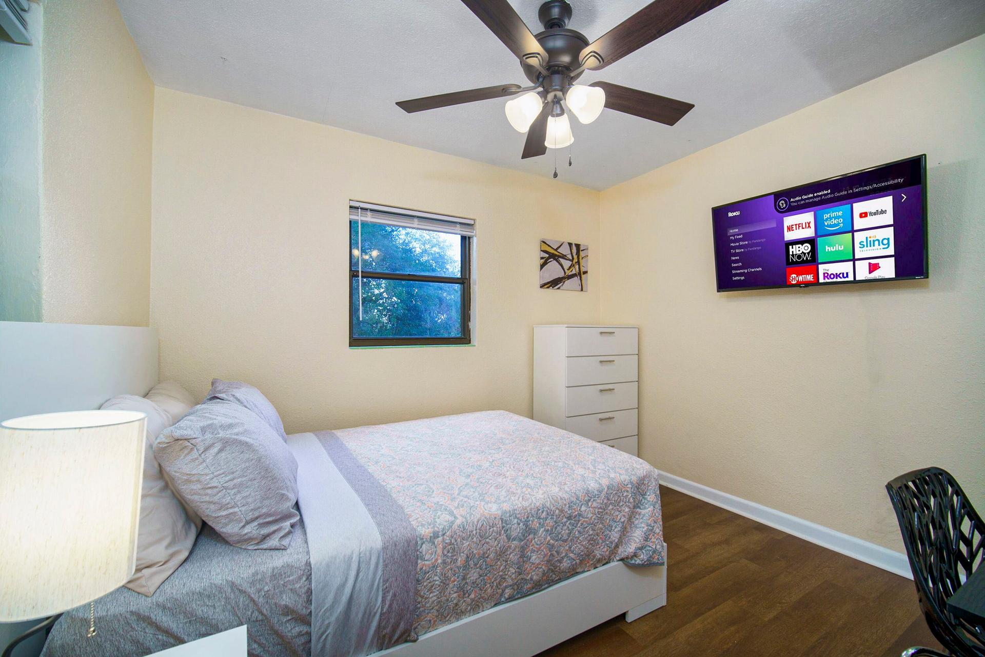 bedroom, detected:ceiling fan, window blind, bed