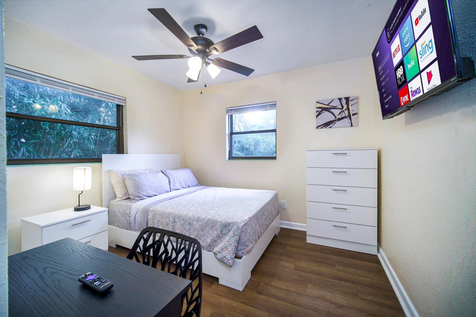 bedroom, detected:ceiling fan, window blind, bed