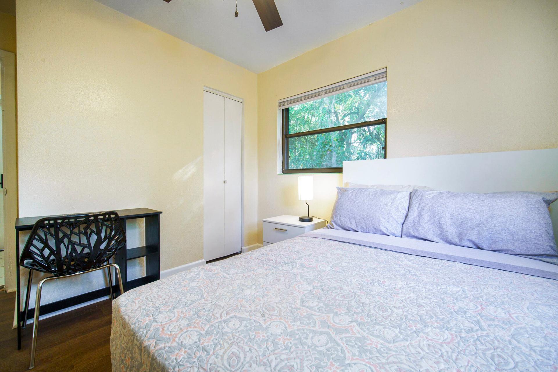 bedroom, detected:ceiling fan, bed, window blind