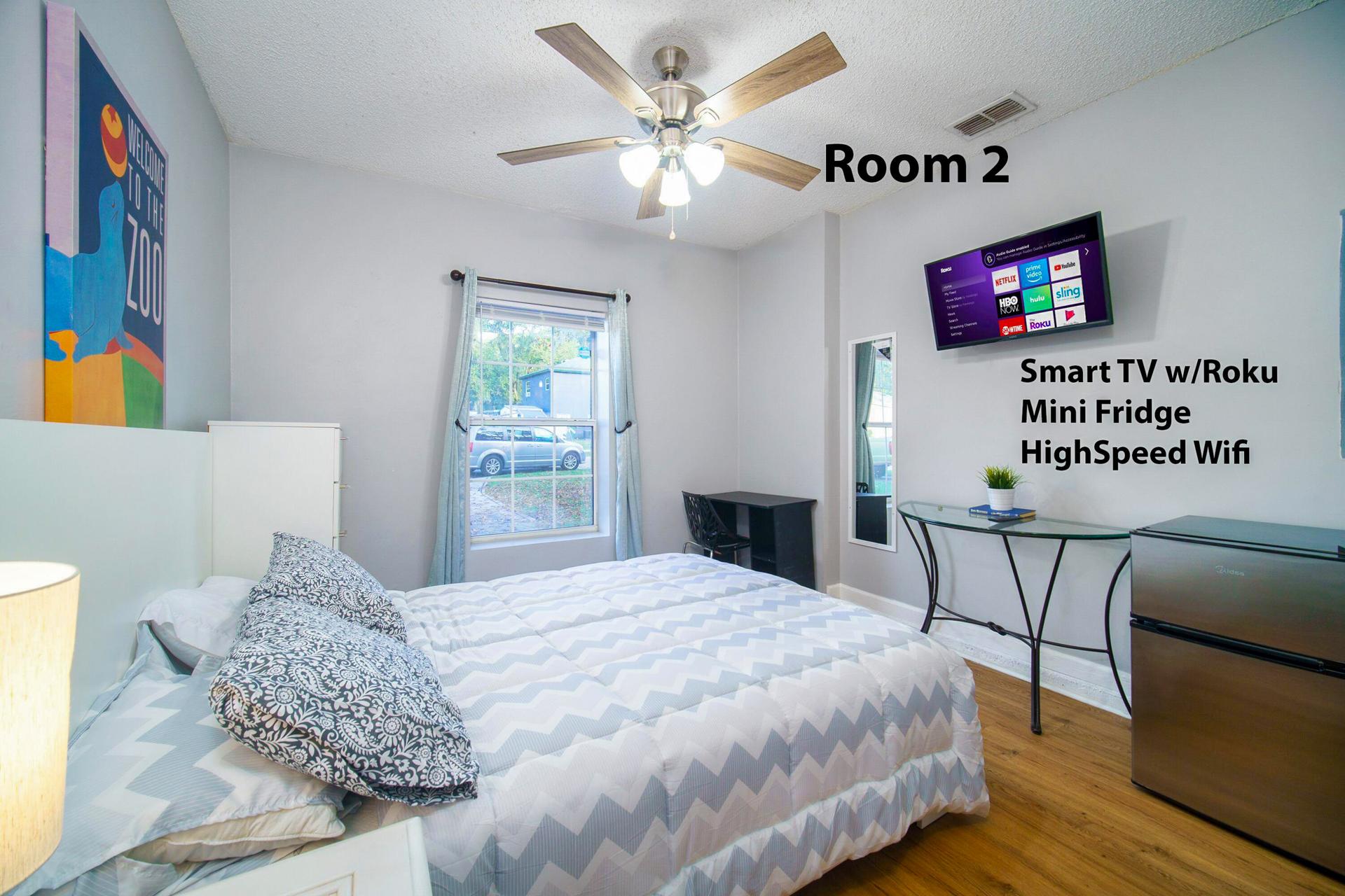 bedroom, detected:ceiling fan, window blind, bed